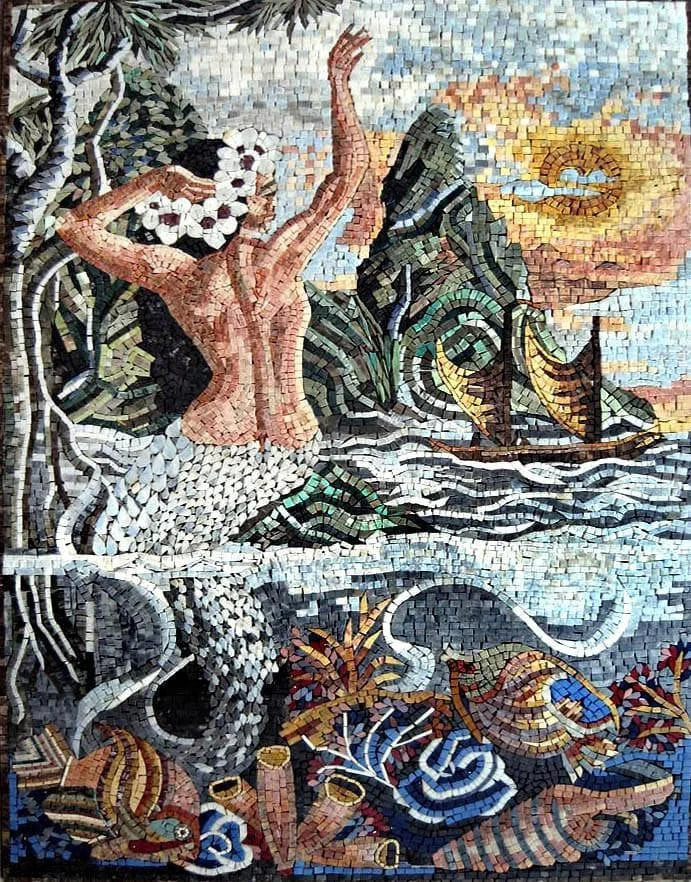 Geometric Mermaid Scene - Marble Mosaic Mural - Mesh Backing