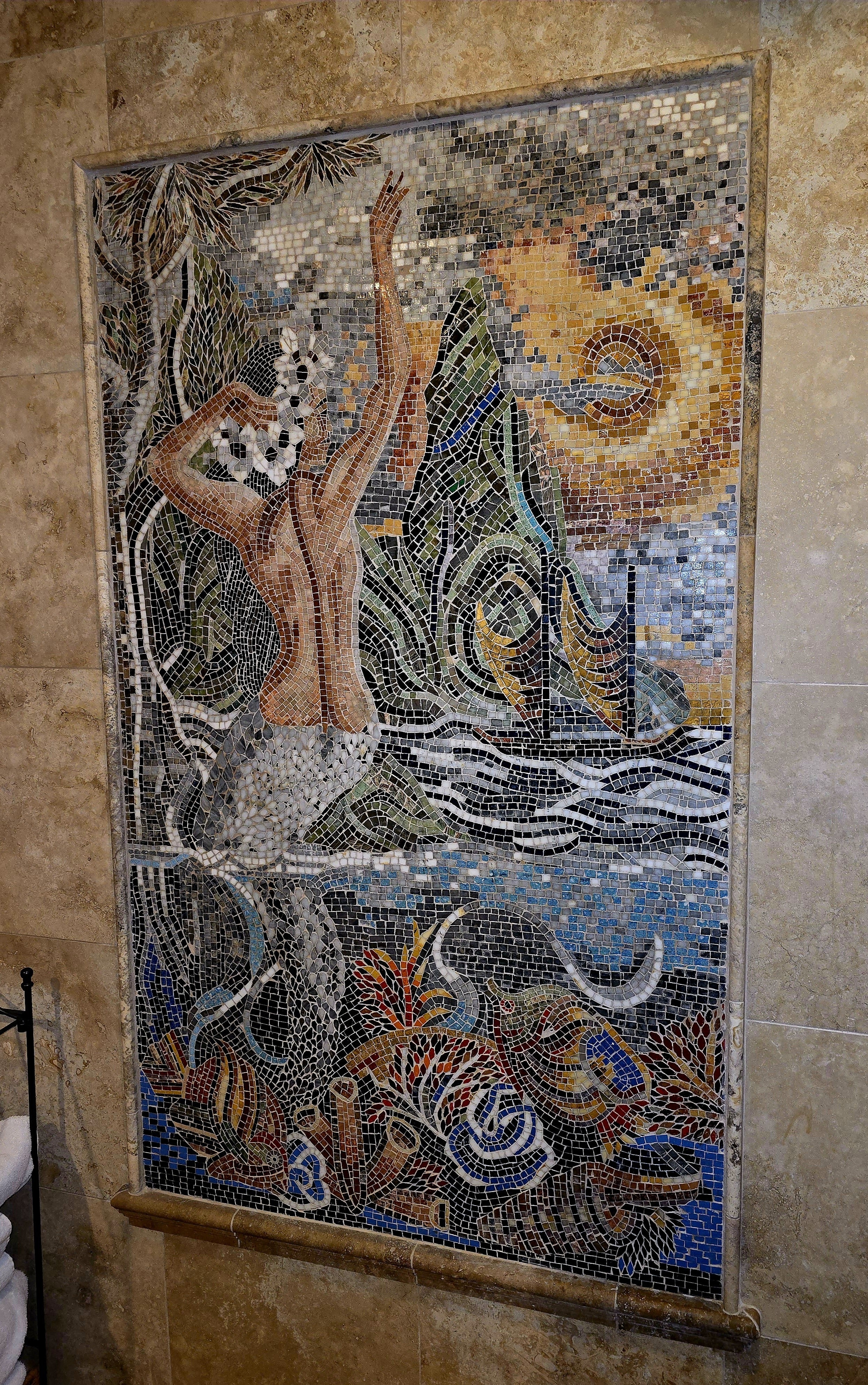 Geometric Mermaid Scene - Marble Mosaic Mural - Mesh Backing - Image 2