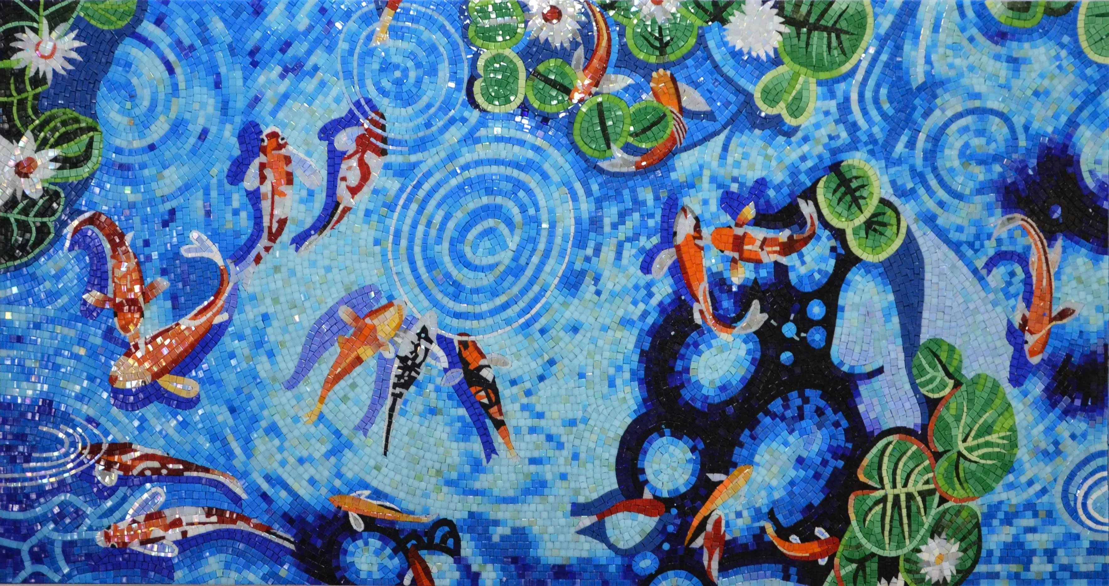 Koi Fish Lily Pads - Glass Mosaic Art Designs Artwork - Mesh Backing