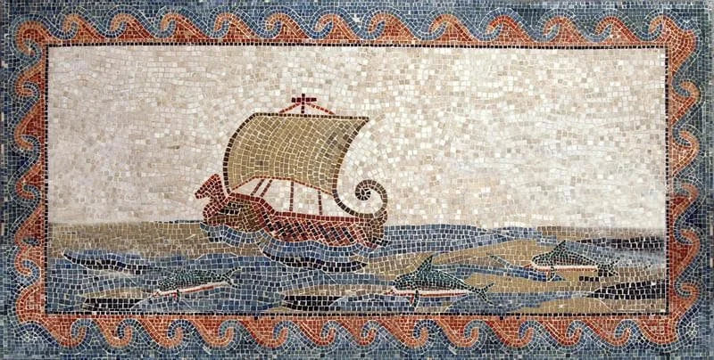 Ancient Sailing Boat Motif - Marble Mosaic Flower Patterns - Mesh Backing