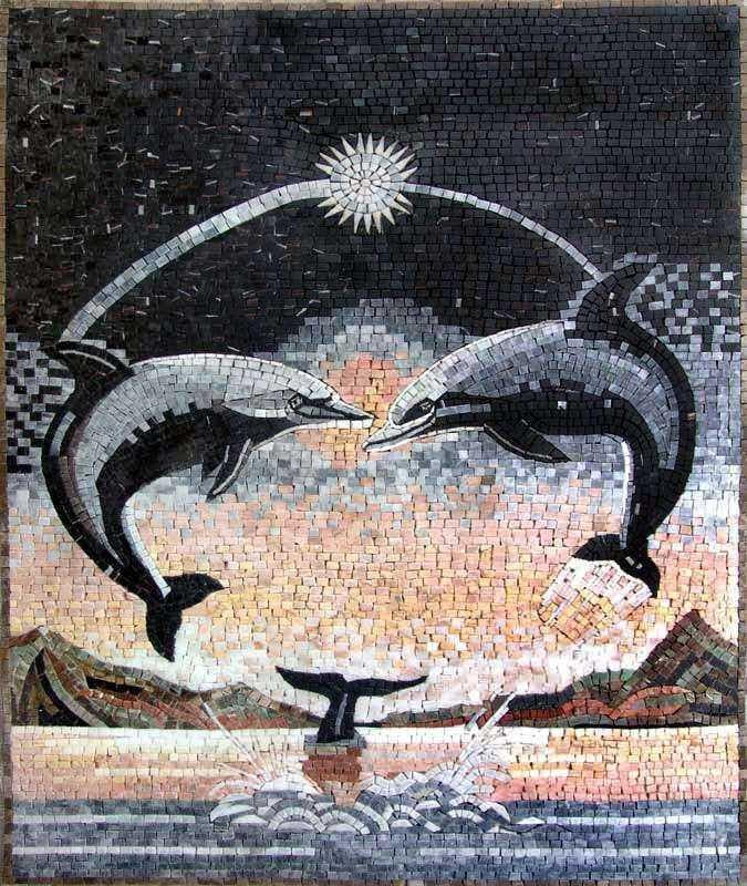 Mediterranean Shield - Marble Mosaic Enchanting Moonlight Dolphins Imagery - Mesh Backing - Image 2