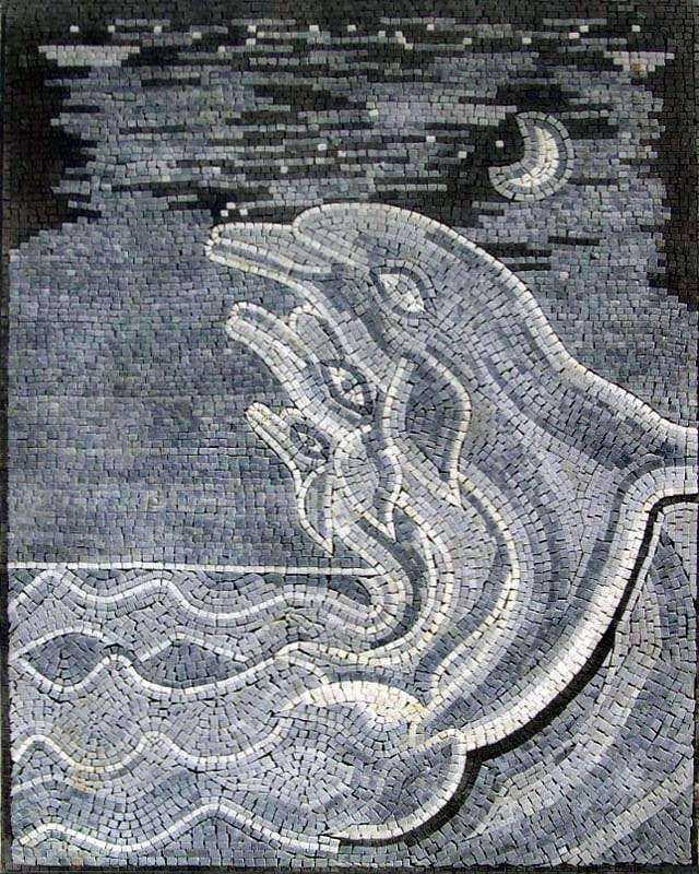 Enchanting Lunar Dolphins - Marble Mosaic Mosaics - Mesh Backing