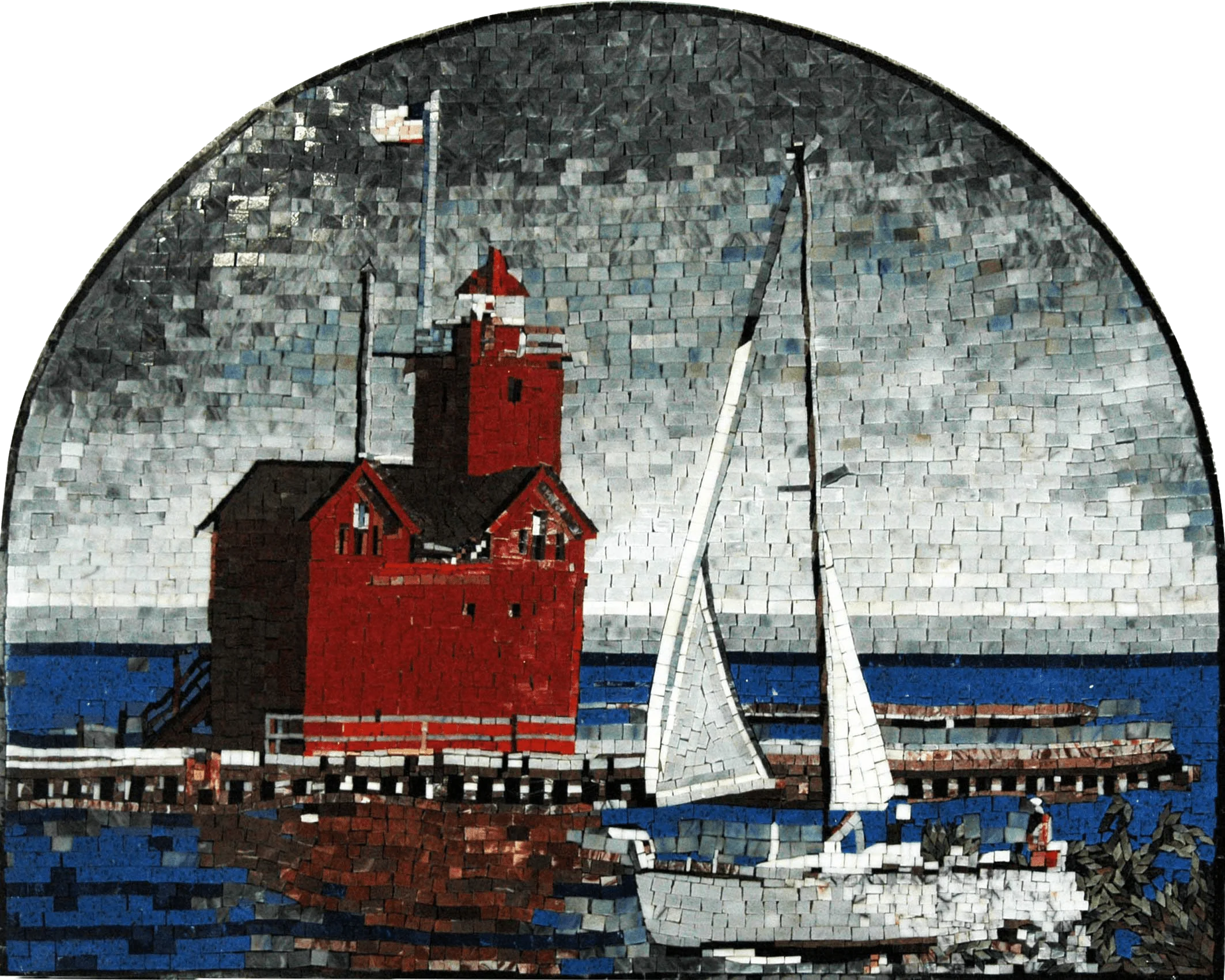 Sailing Light House - Marble Custom Mosaic Tile - Mesh Backing