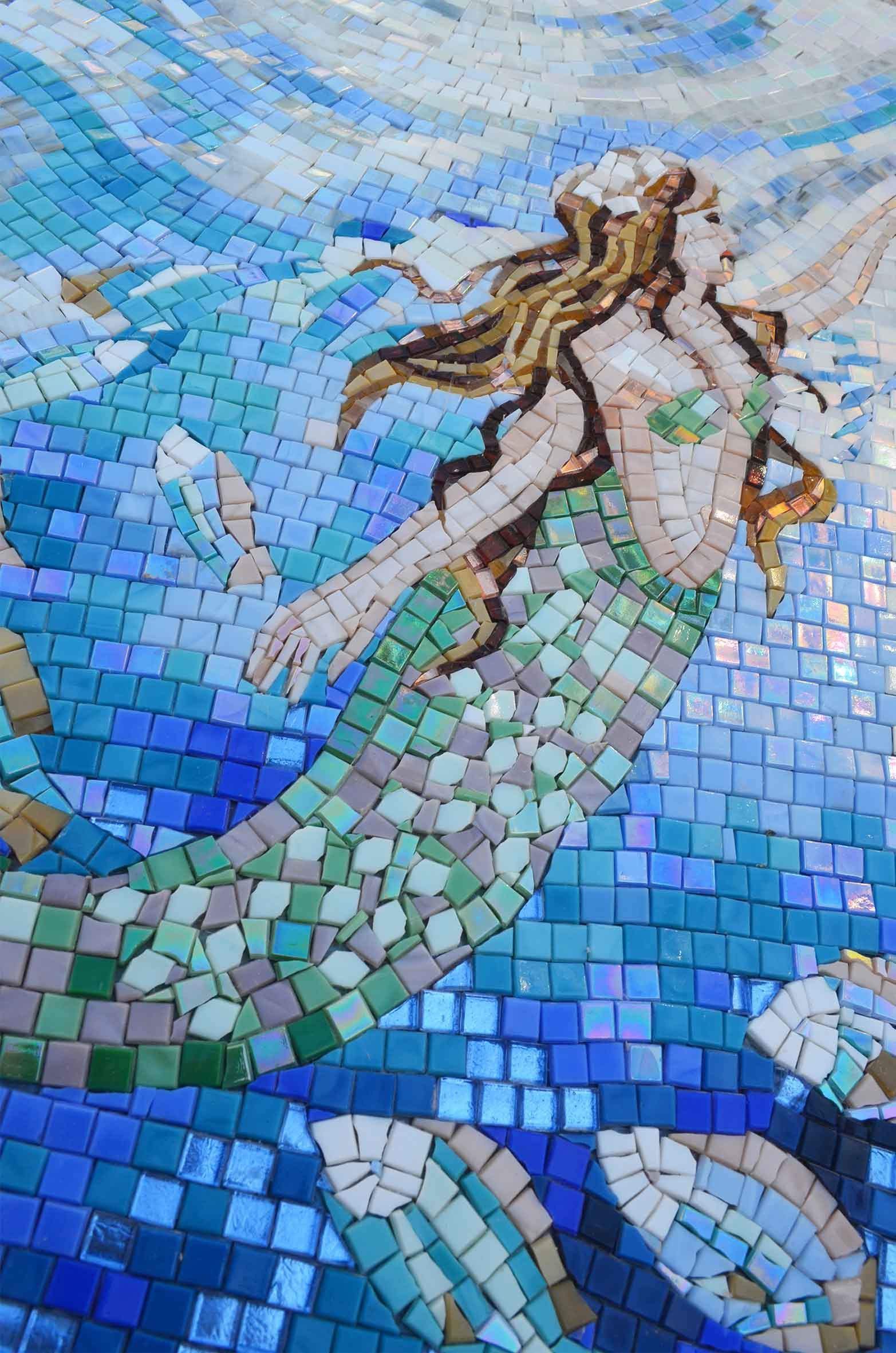 Mermaid Reaching Starfish - Glass Mosaic Peacock - Mesh Backing - Image 2