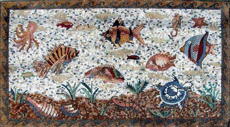 Enchanting Marine Life Scene - Marble Mosaic Nautical Decor - Mesh Backing
