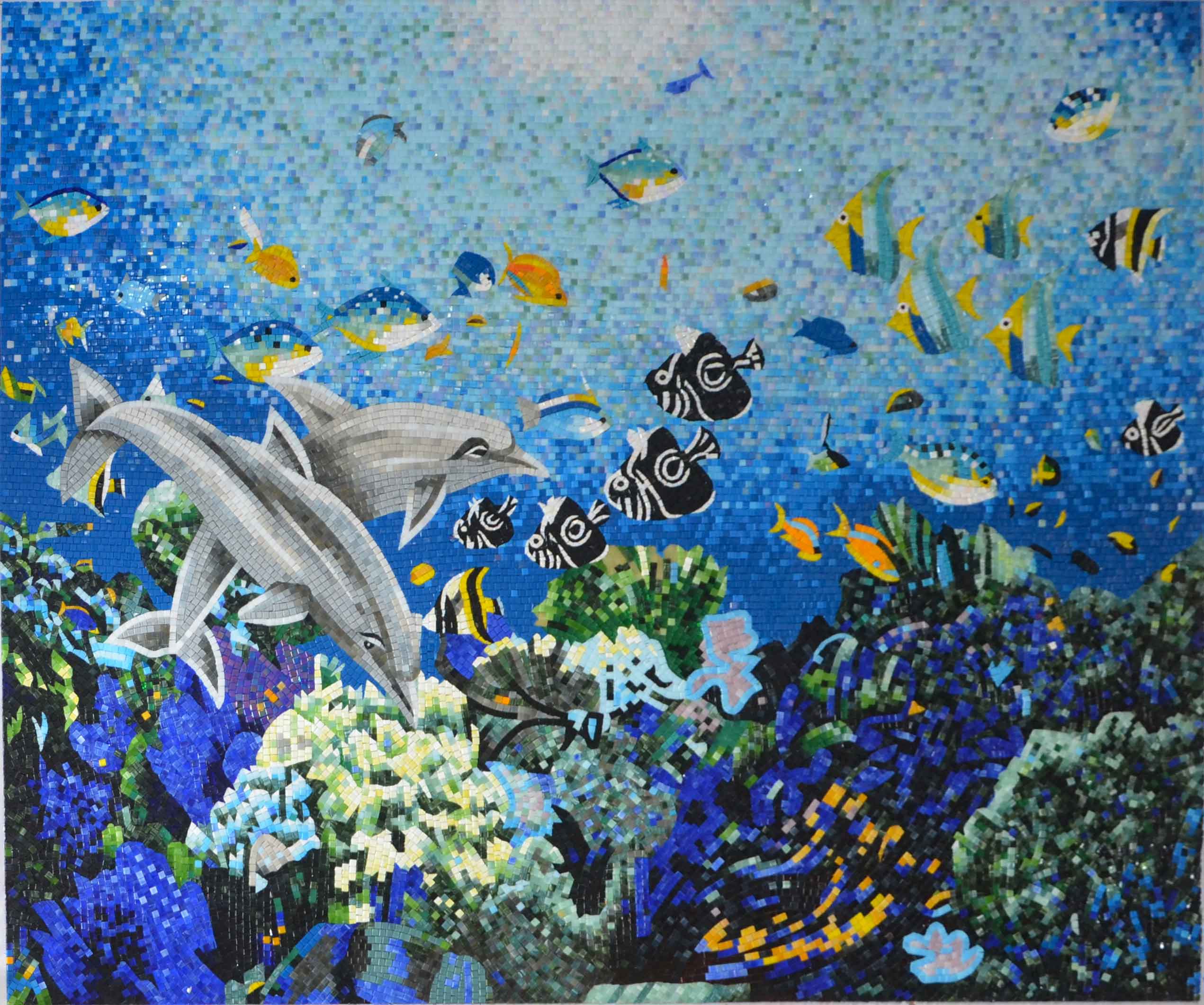 Dolphin Fish Aquatic Scene - Glass Greek Mosaic Mural Art - Mesh Backing