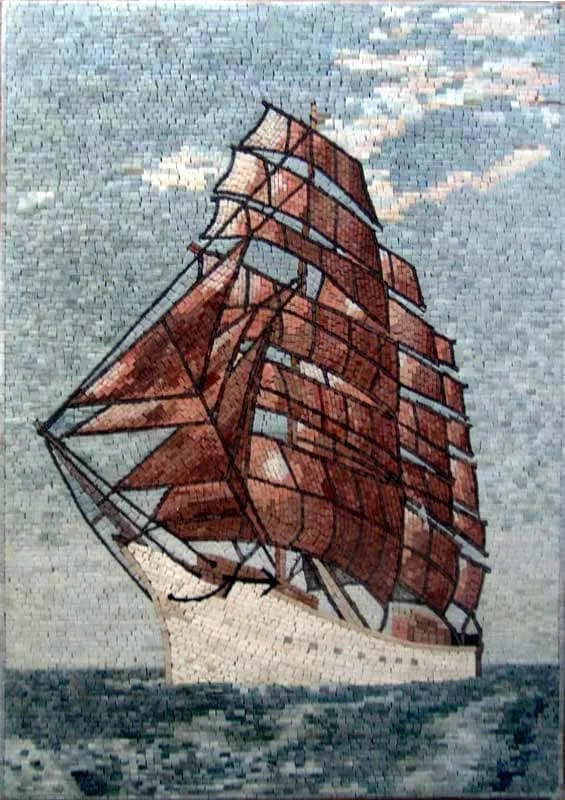 Sailing Ship - Marble Mosaic - Mesh Backing