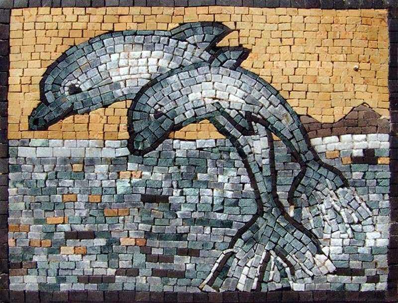 Two Cute Dolphins - Marble Mosaic Playful Oceanic Scene - Mesh Backing