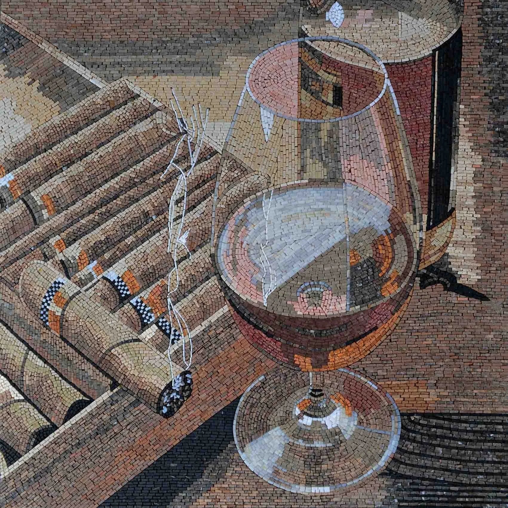 Cigars And Wine - Glass Backsplash Mosaic Mural Luxury Handcrafted Stone Art - Mesh Backing