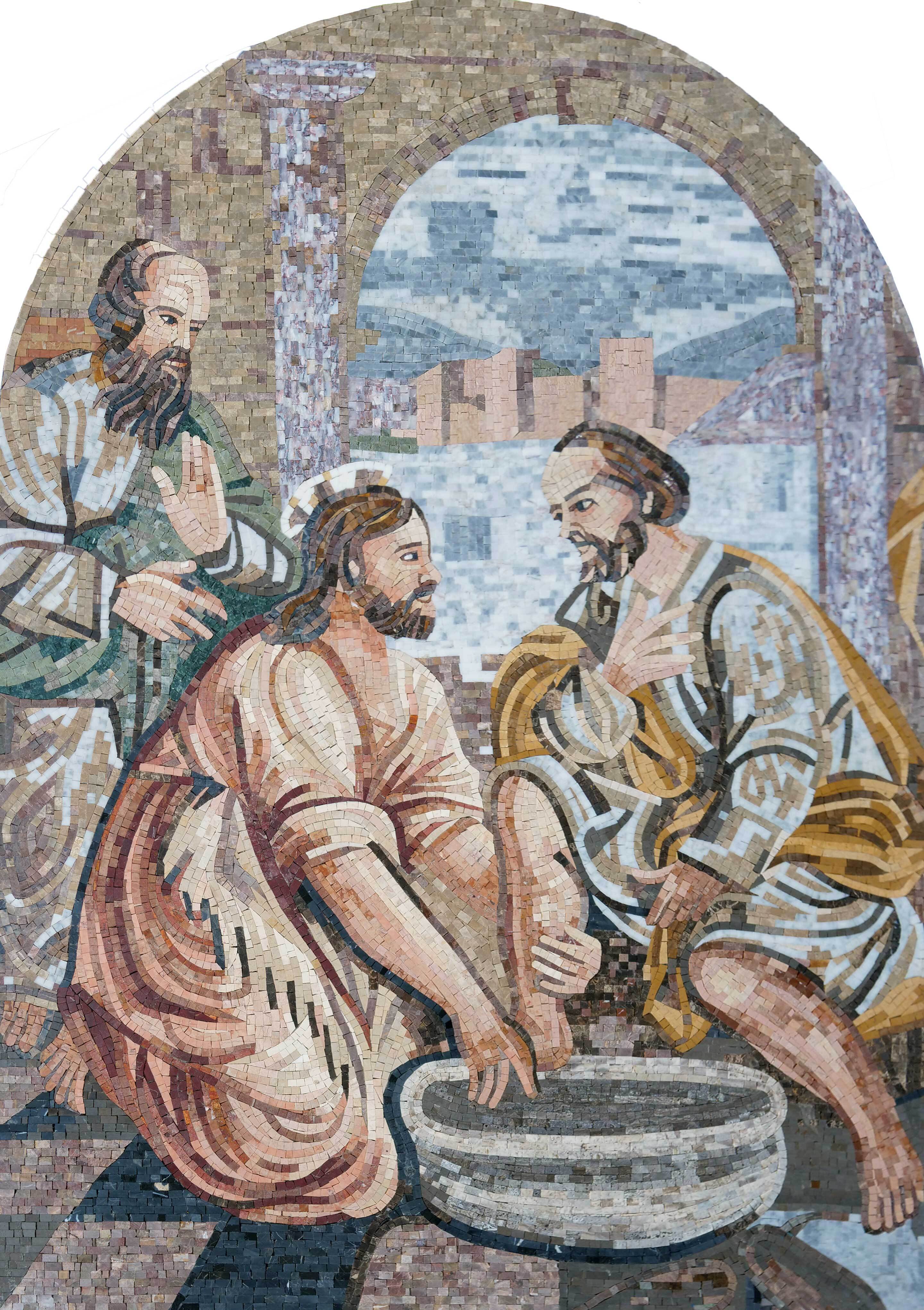 Jesus Washing Feet Scene - Marble Backsplash Mosaic Tile Designs Handmade Natural Biblical Religious Wall Art - Mesh Backing