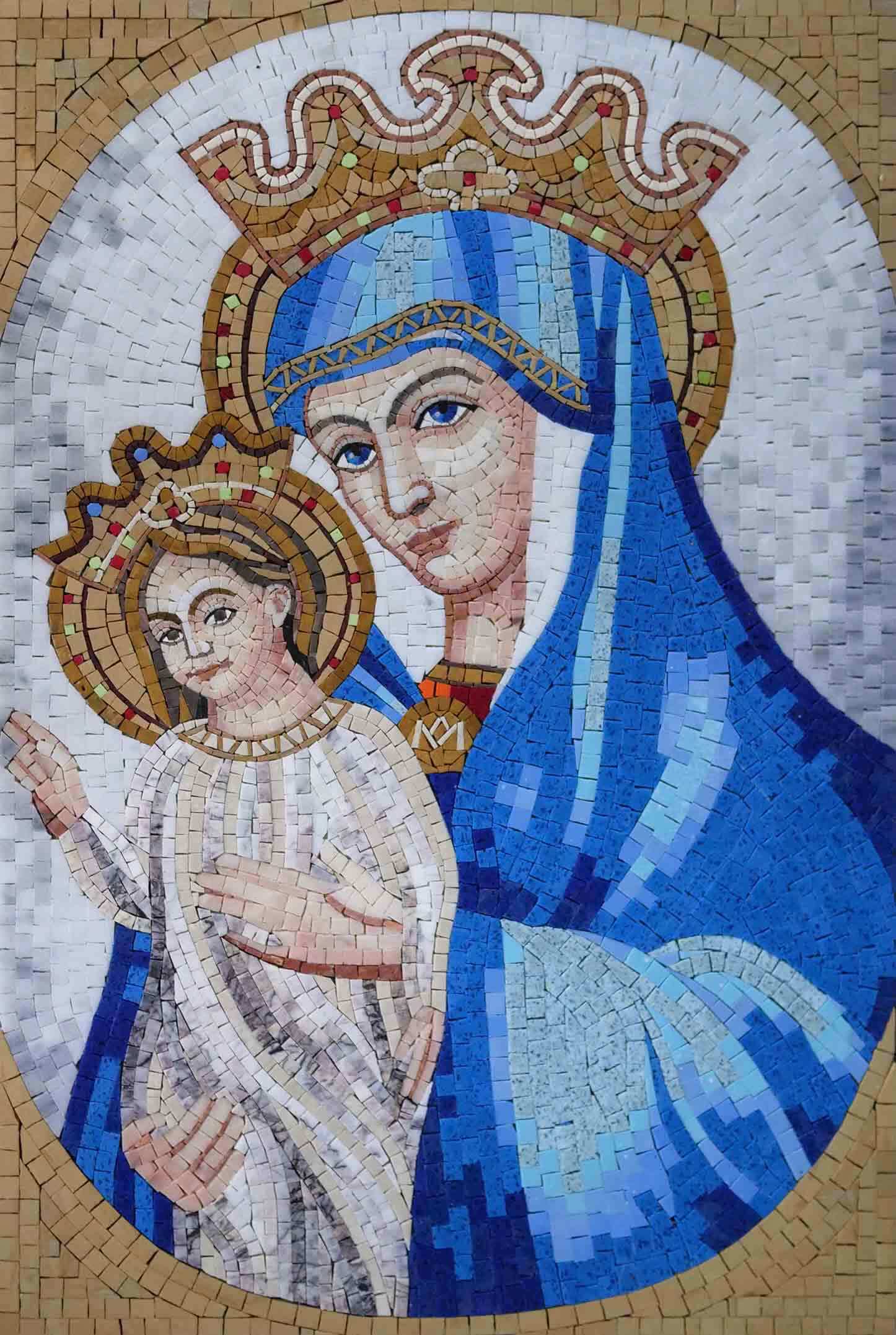 Our Lady And Child - Marble Mosaic Artwork Art - Mesh Backing