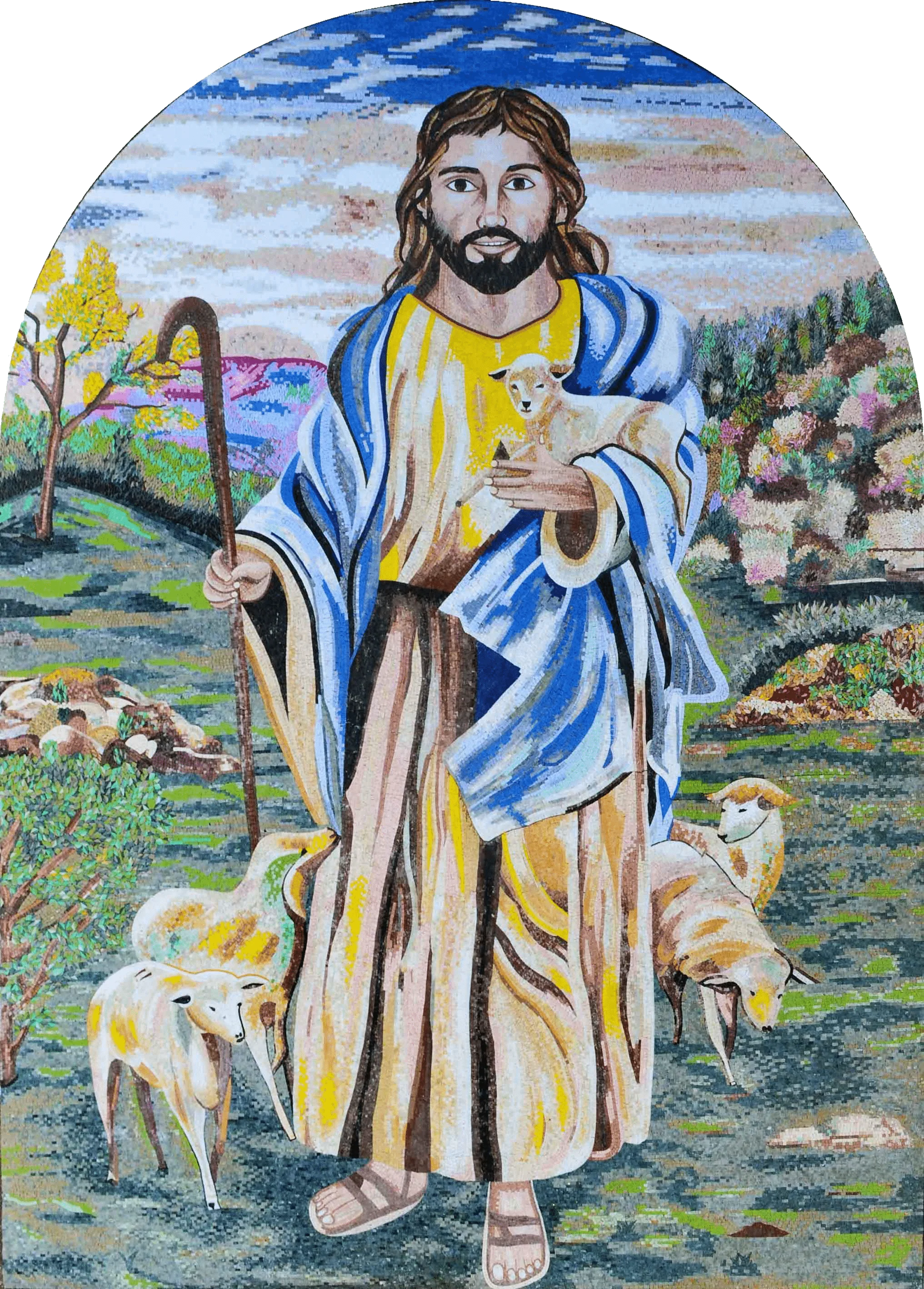 Jesus Christ With Lambs - Impressionist Mosaic Art - Mesh Backing