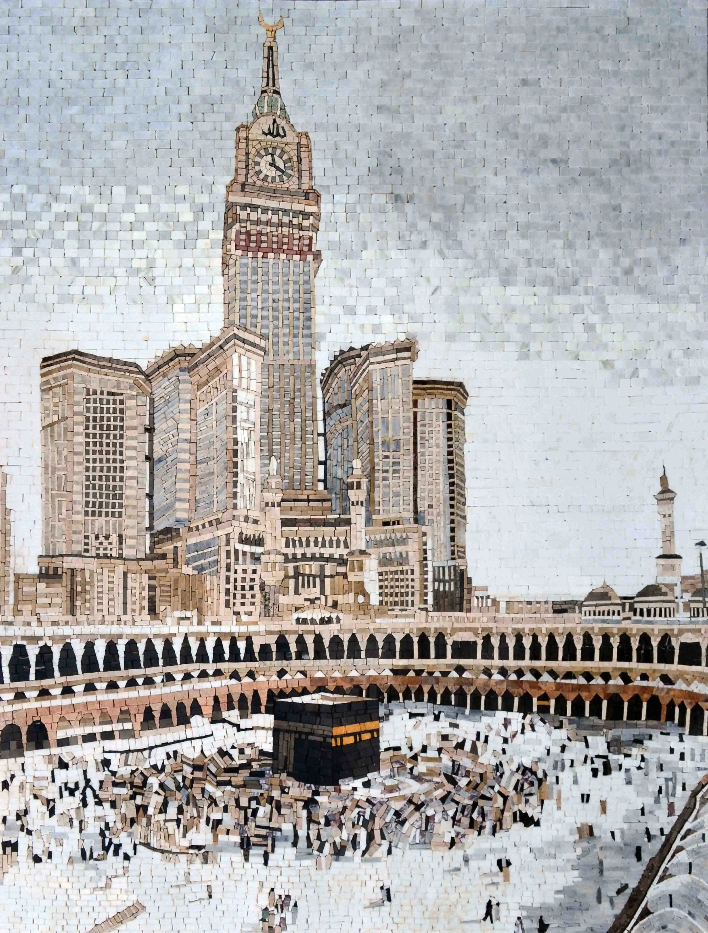 Mecca Building View - Marble Mosaic Islamic Icon - Mesh Backing