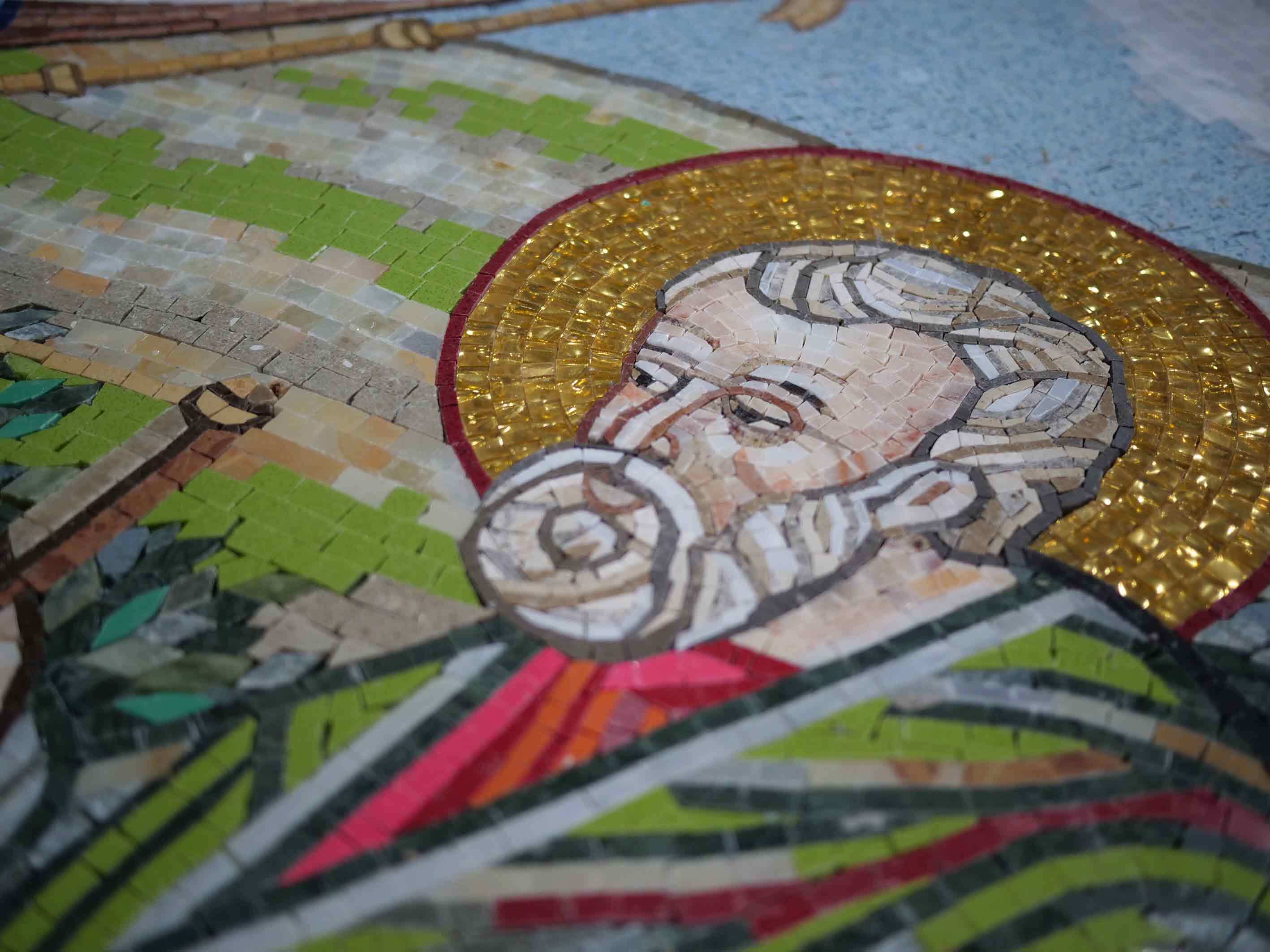 Geometric Family Scene - Glass Mosaic Religious Art - Mesh Backing - Image 2