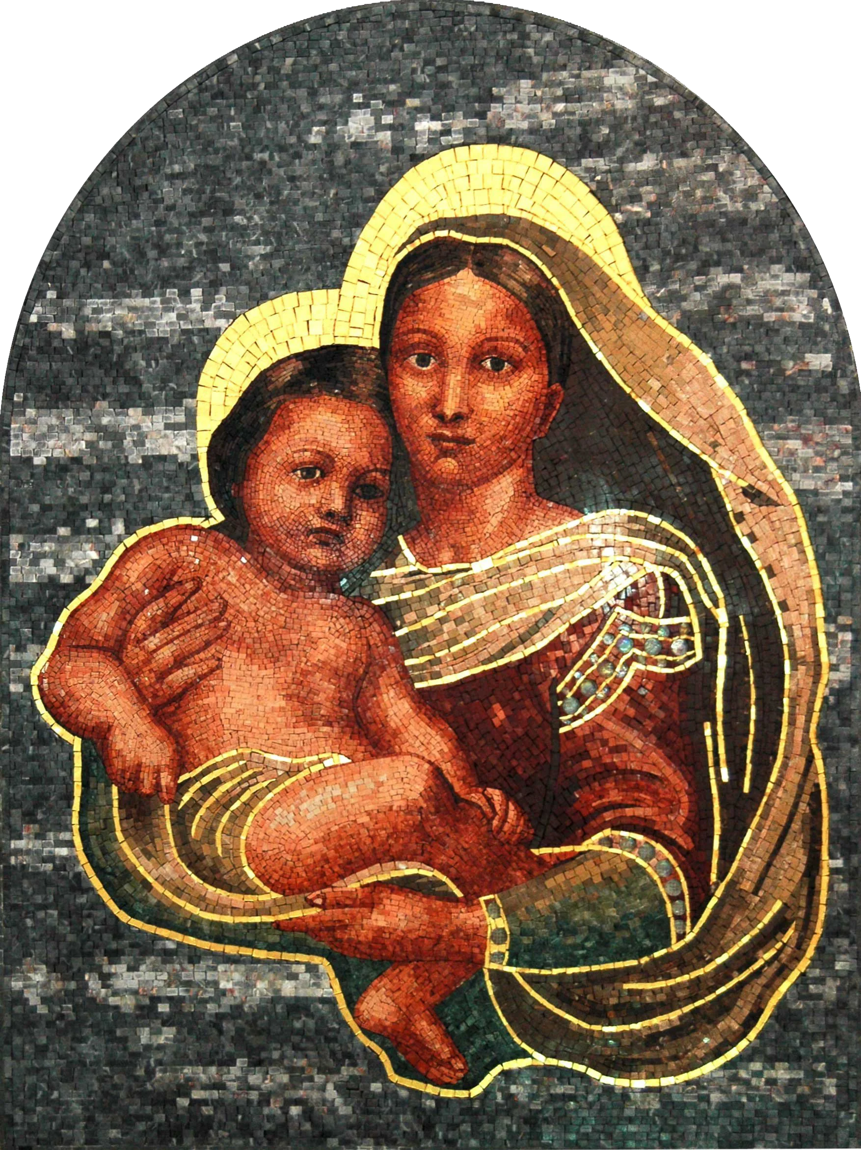 Madonna And Child - Marble Mosaic Religious Mural Arched Design - Mesh Backing