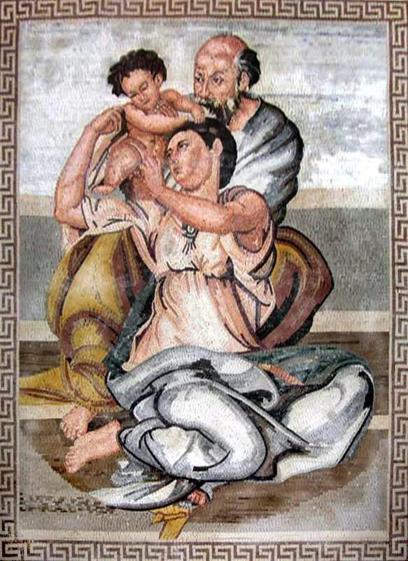 Family Scene Figure - Marble Mosaic Religious Mural Art - Mesh Backing