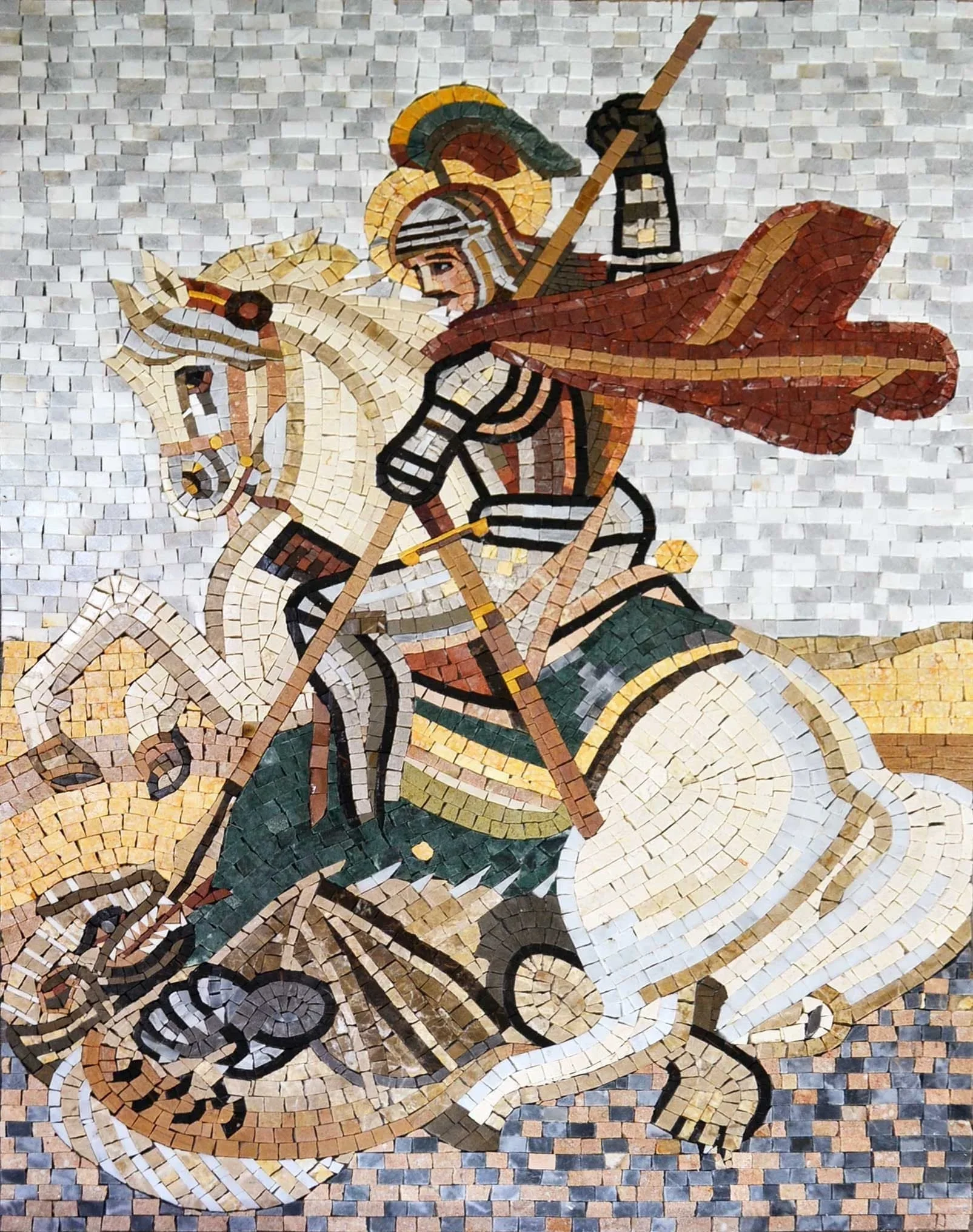 Geometric George Slaying Dragon - Marble Mosaic Art - Mesh Backing