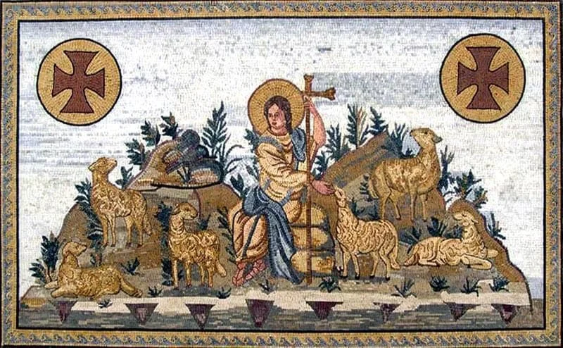 The Good Shepherd Religious Iconic - Marble Mosaic - Mesh Backing