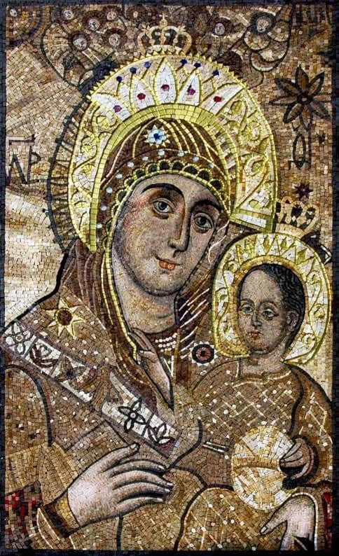 Virgin Mary And Jesus - Marble Mosaic Vierge Marie Mozaique - Mesh Backing