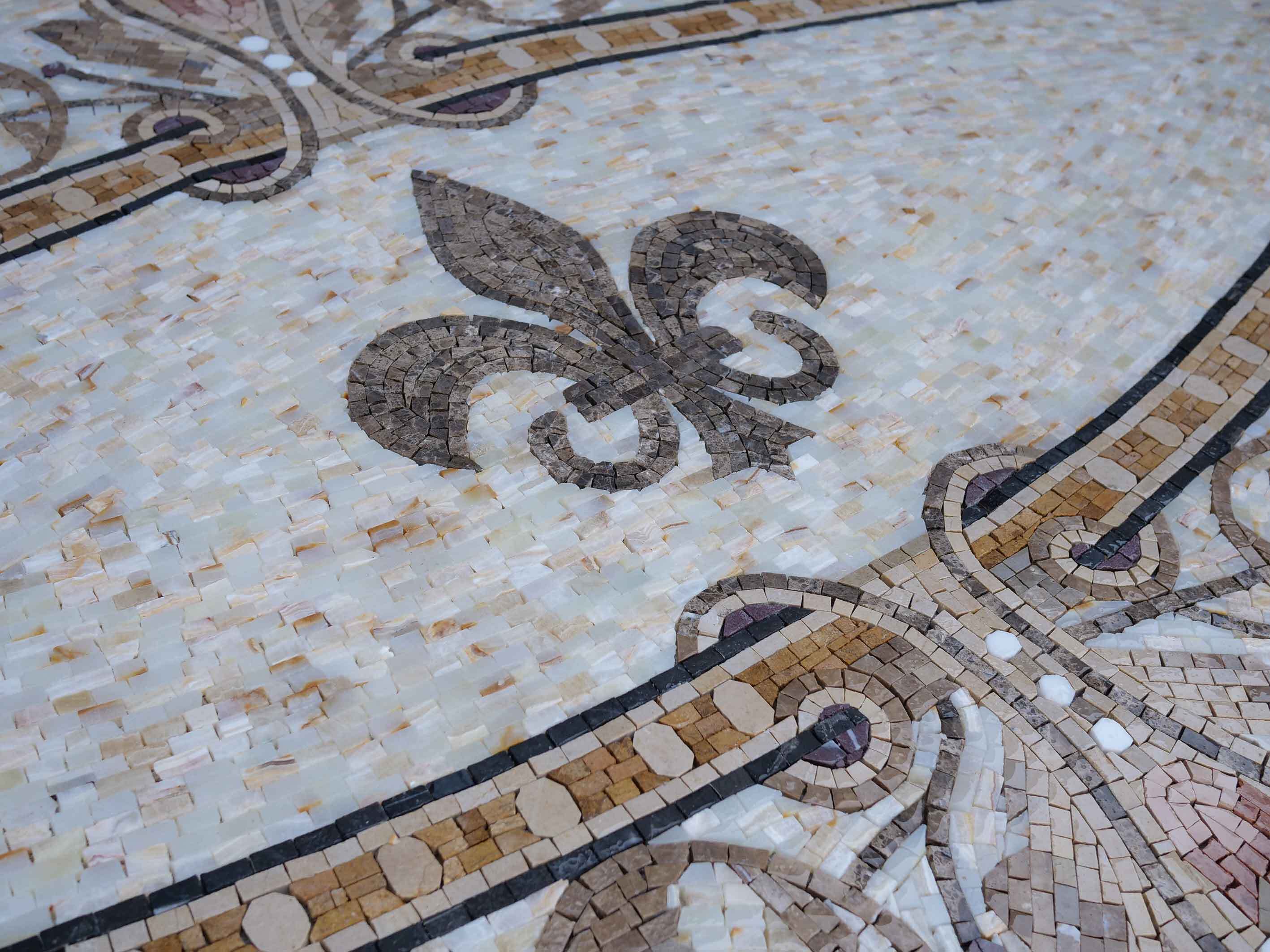 Fleur Lis Floral Border - Sea Turtle Mosaic Central Flower Rug Luxury Handcrafted Natural Stone Art - Mesh Backing - Image 2