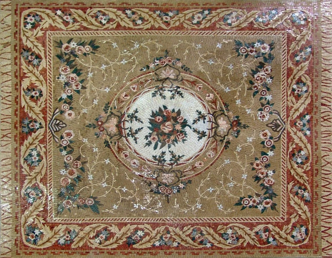 Elegant Floral Medallion - Marble Mosaic Flower Carpet - Mesh Backing