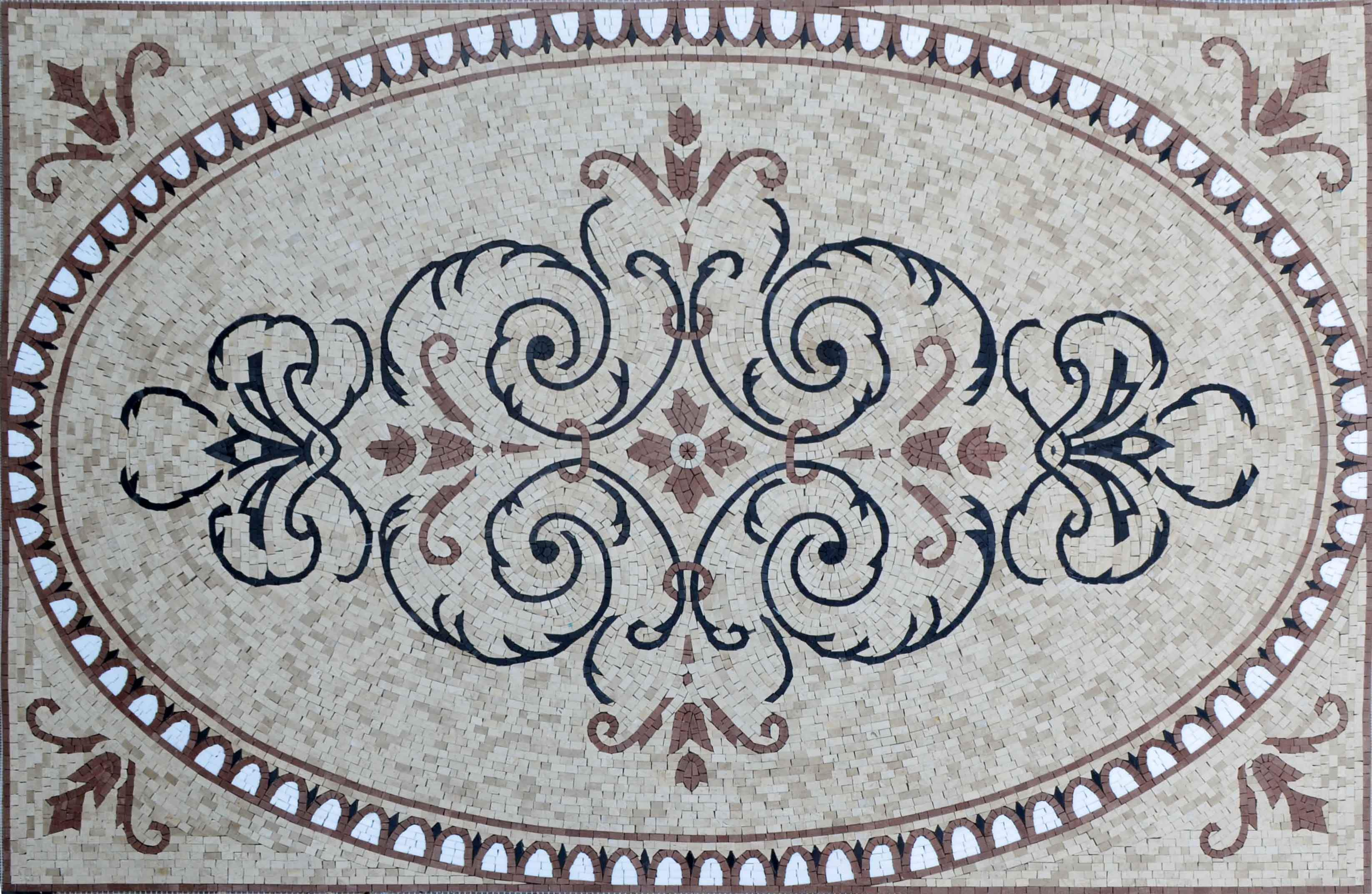 Ornate Swirl Design - Marble Greek Mosaic Art Rug Tile - Mesh Backing