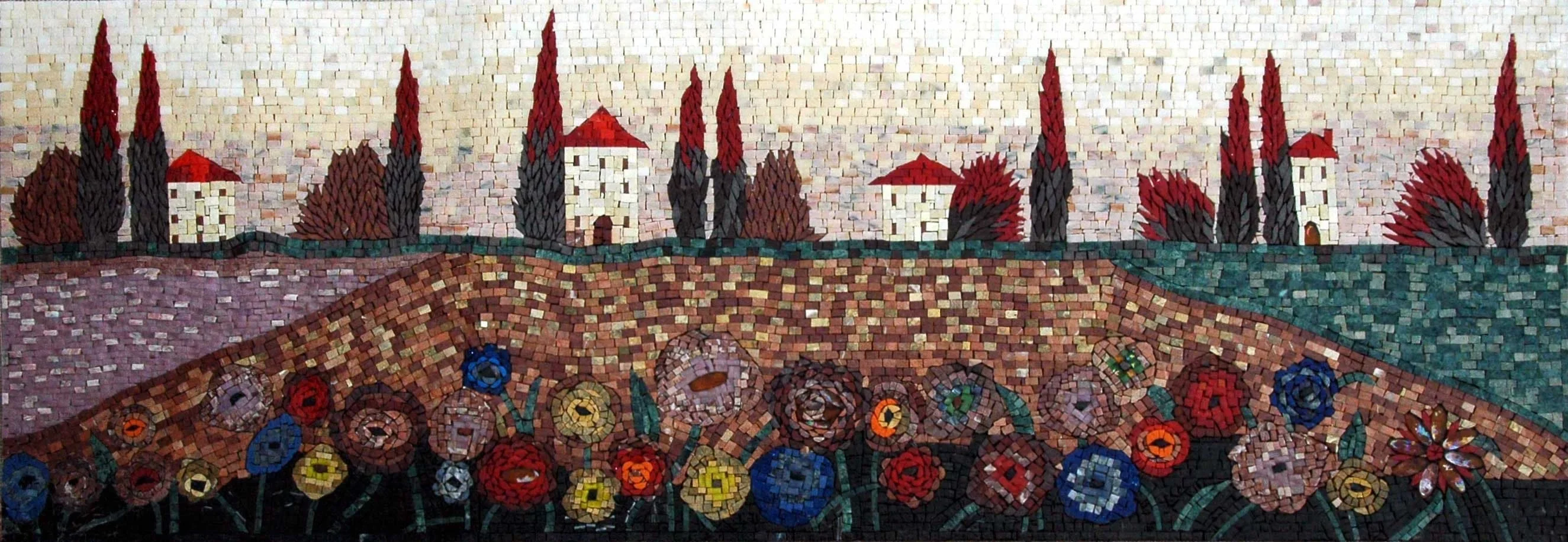 Artistic Geometric Scene - Landscape Mosaic Colorful - Mesh Backing
