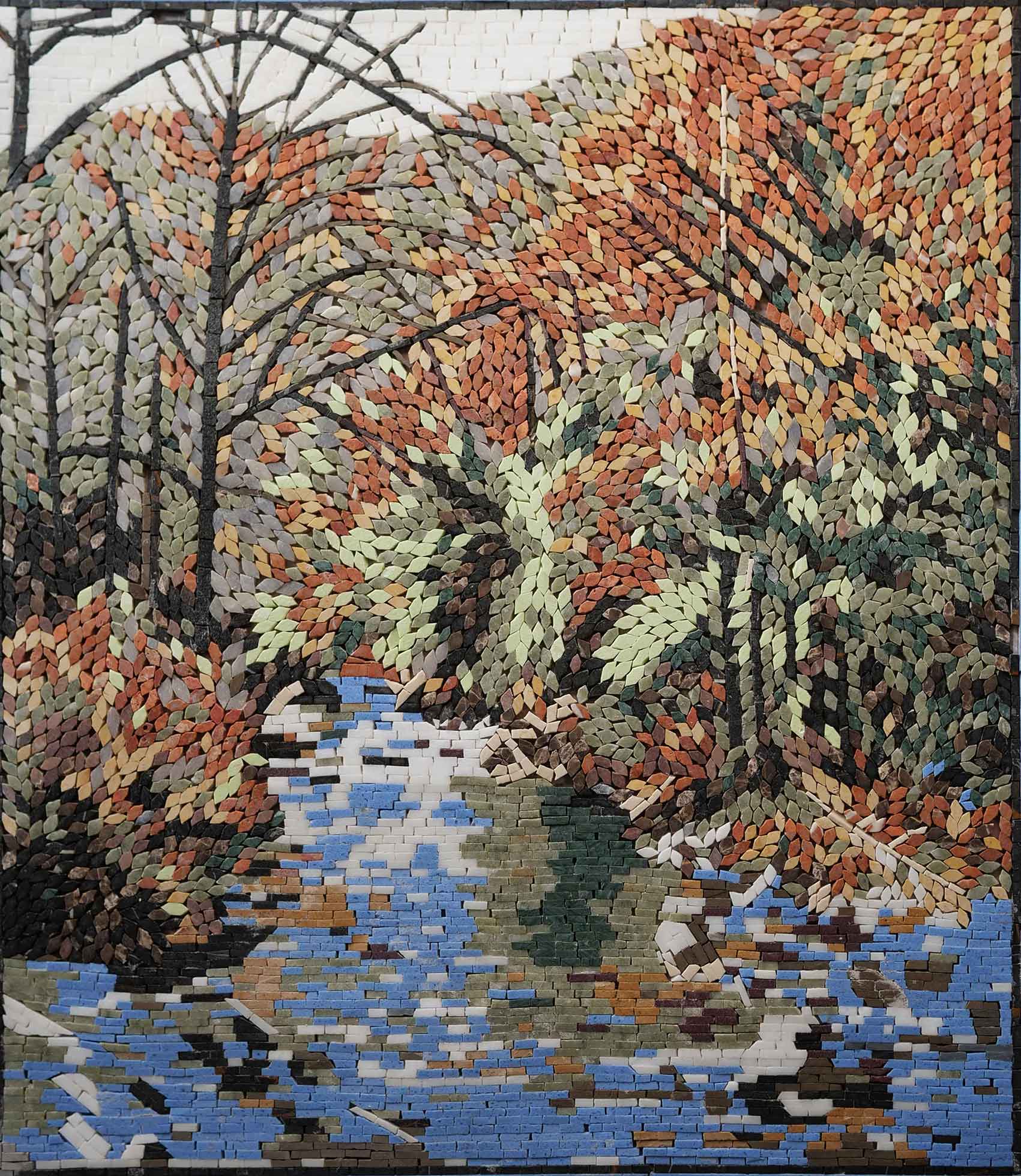 Patterned Trees Stream - Modern Home Decor Mosaic Scenery - Mesh Backing