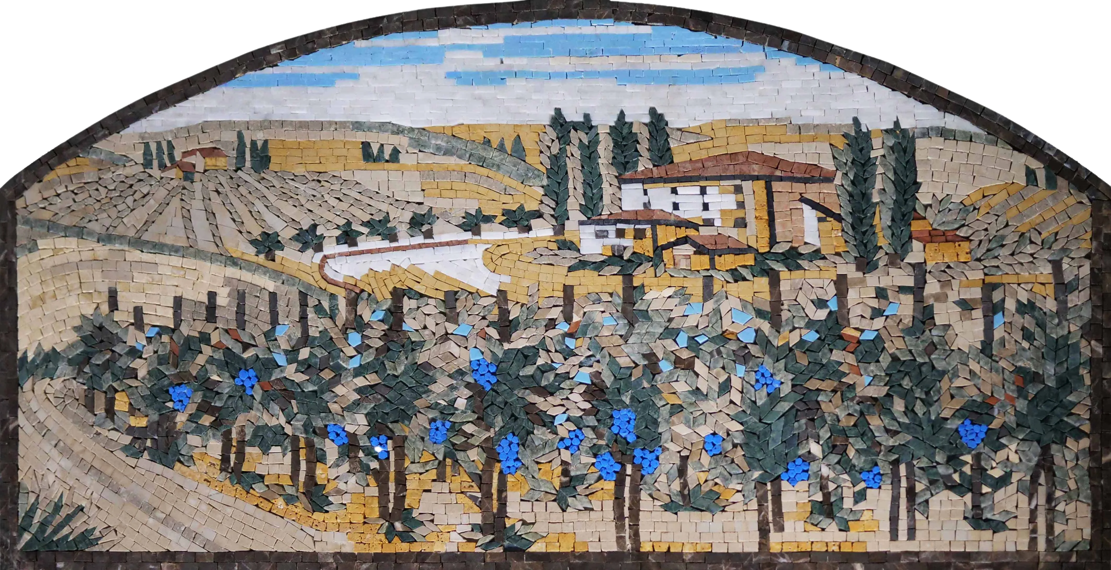 Landscape Vineyard Scene - Marble Bird Mosaic Art - Mesh Backing