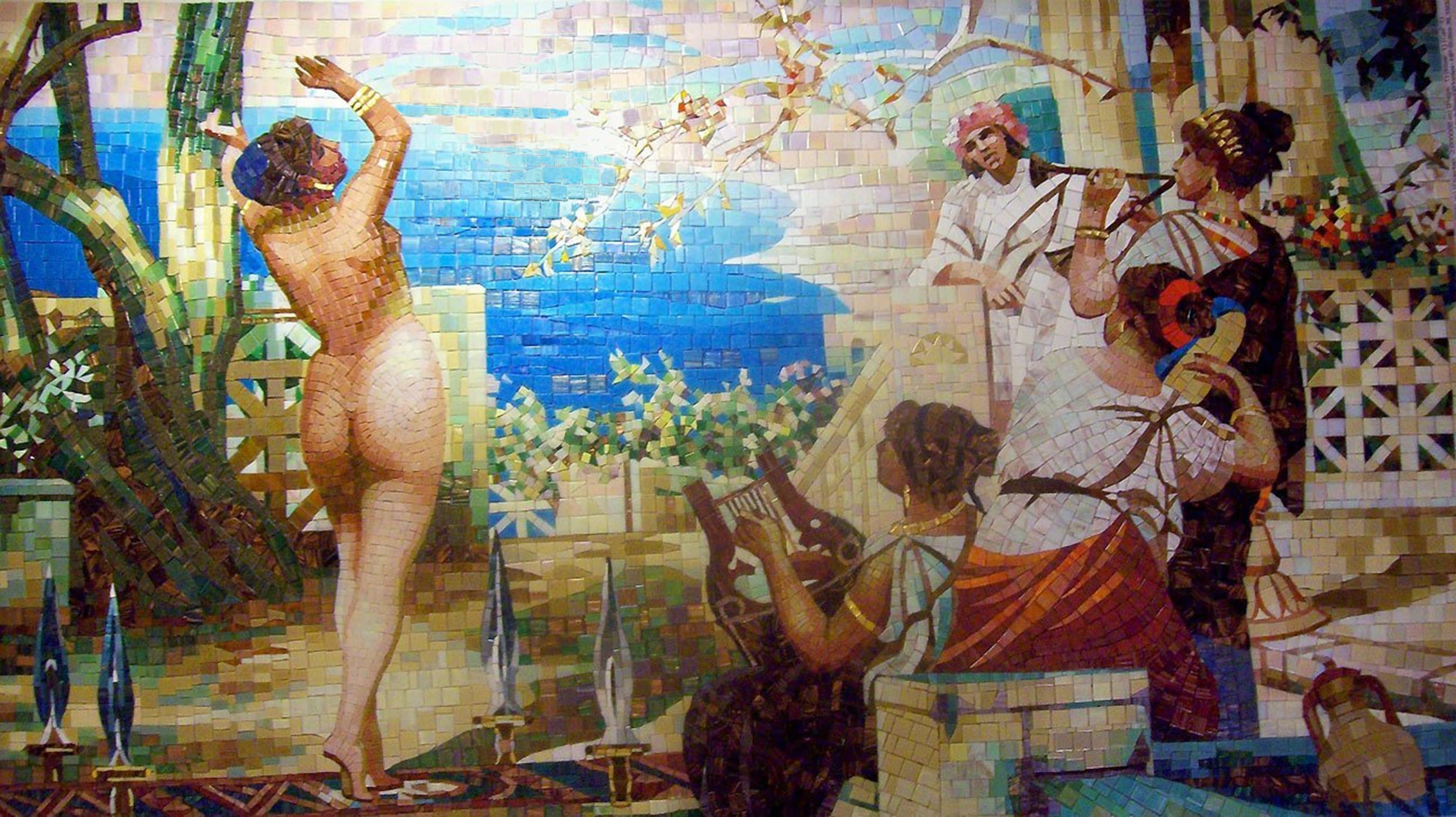Figures Garden Scene - Glass Floor Mosaic - Mesh Backing