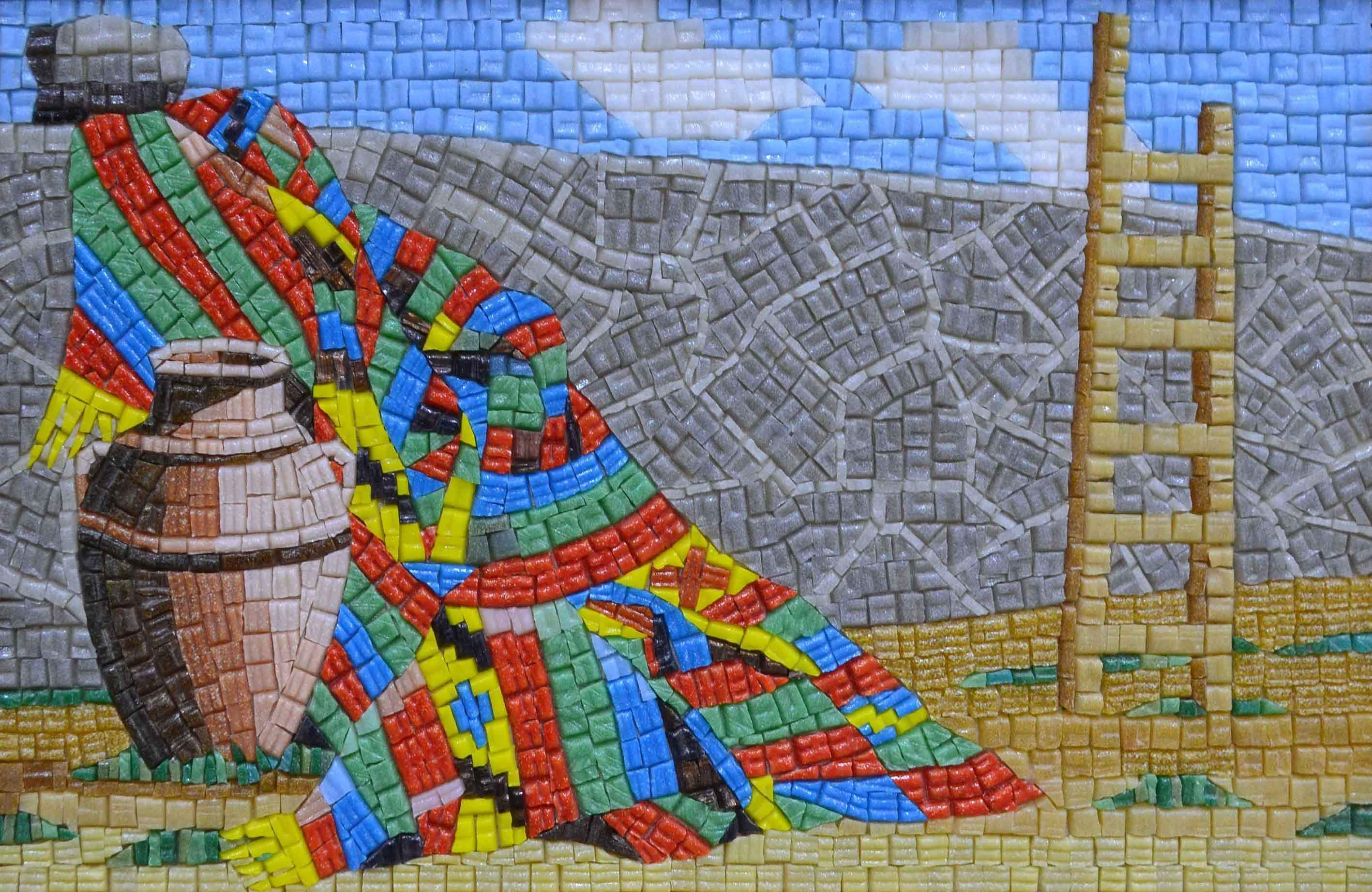 Figure With Ladder - Glass Tile Mosaic Art - Mesh Backing