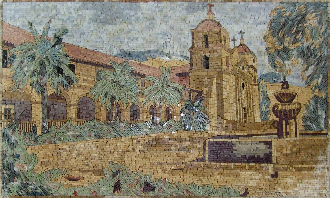 Santa Barbara Building - Marble Luxury Mosaic. Handmade Decorative Art - Mesh Backing