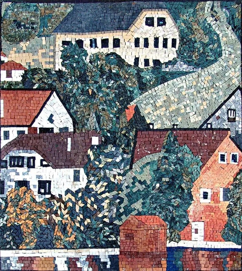 Geometric Village Scene - Marble Roman Mosaic Reproductions Klimt Art - Mesh Backing