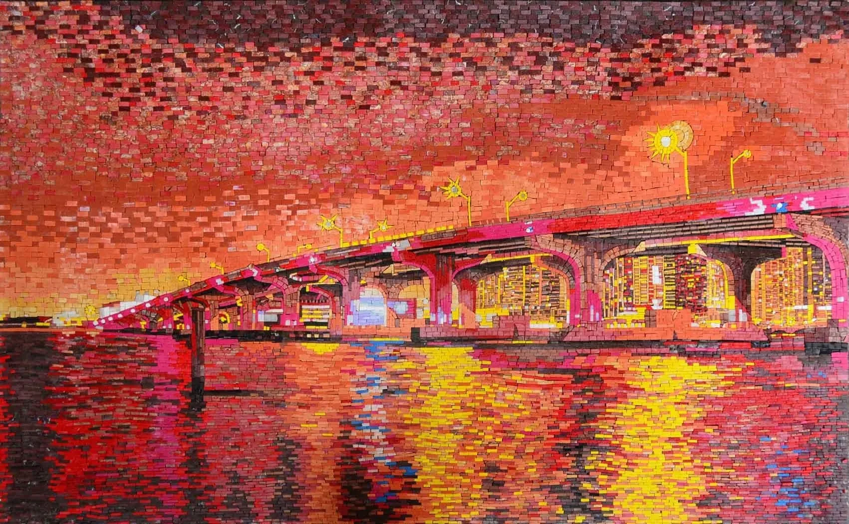 Manhattan Bridge Sunset - Marble Mosaic Tile Artwork - Mesh Backing