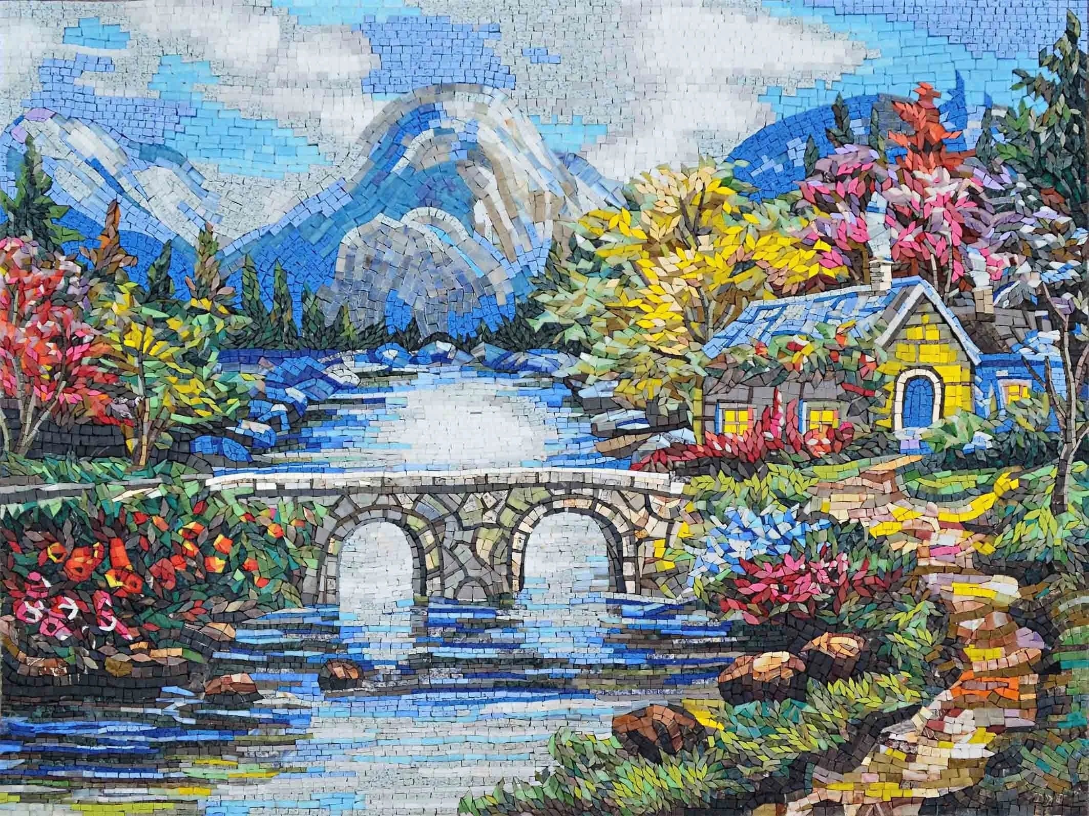 Geometric Landscape - Marble Bathroom Renovation Mosaic Murals House River - Mesh Backing
