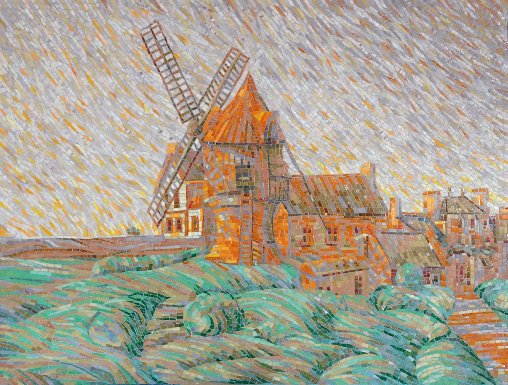 Middle Ages Windmill - Glass Sunset Mosaic - Mesh Backing