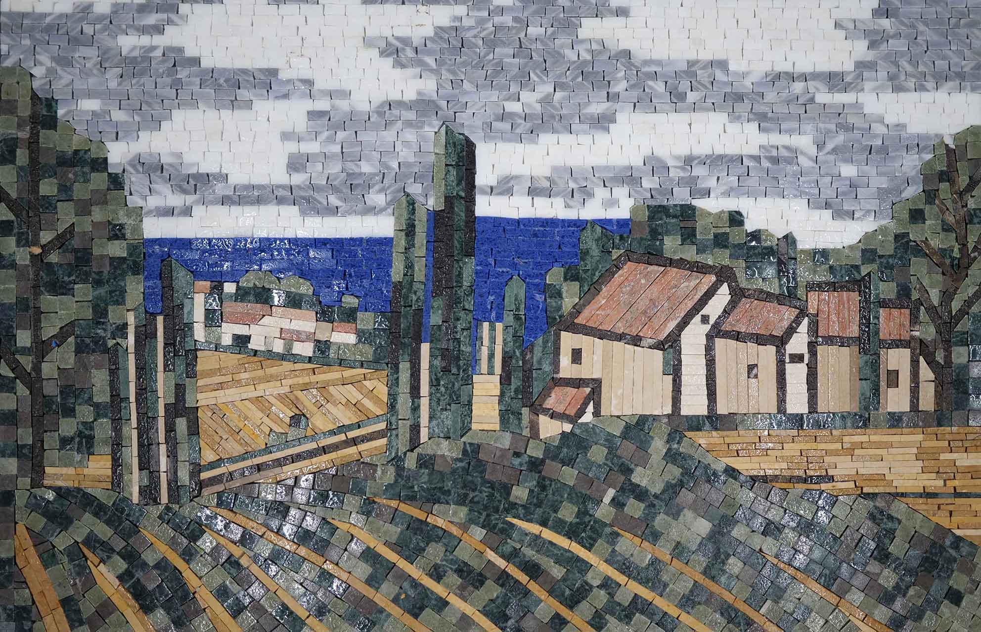 Village Landscape - Marble Mosaic Portrait Art - Mesh Backing