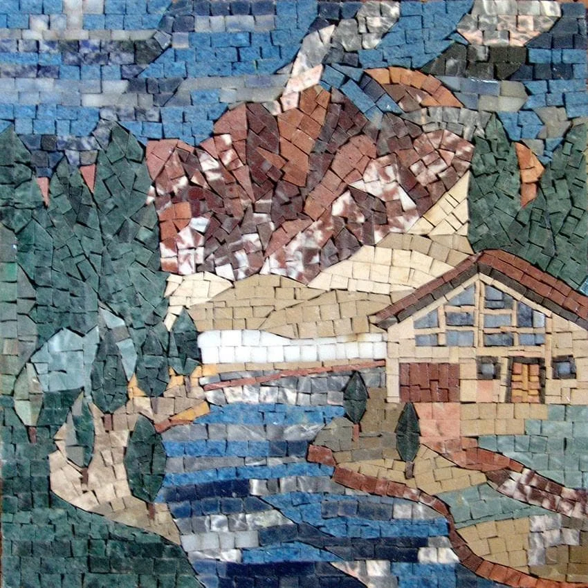 Mountain House Scene - Marble Floral Mosaic Tile Art - Mesh Backing