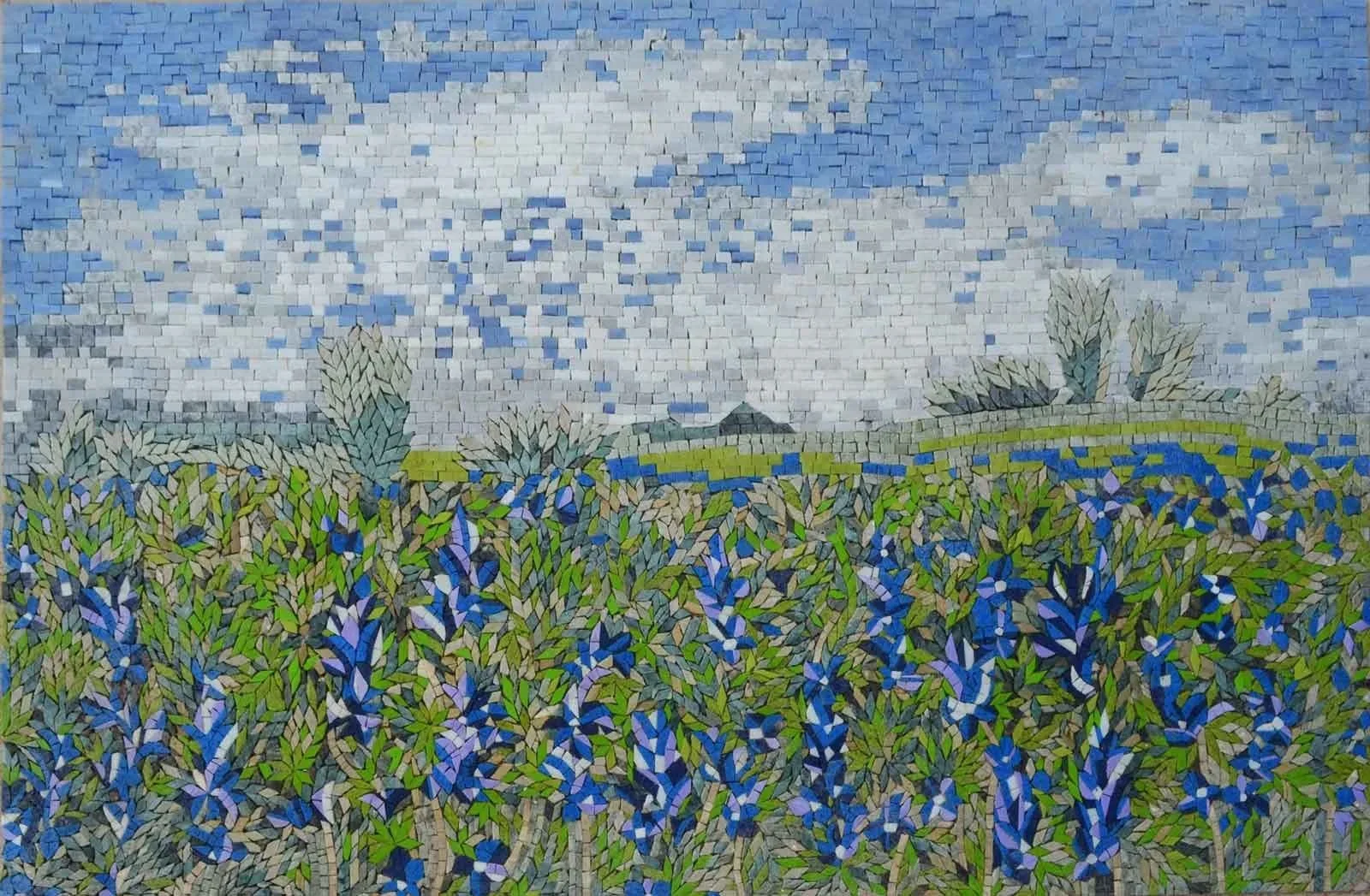 Mosaic Art - Indigo Flower Field | Luxury Handcrafted Stone Mosaic
