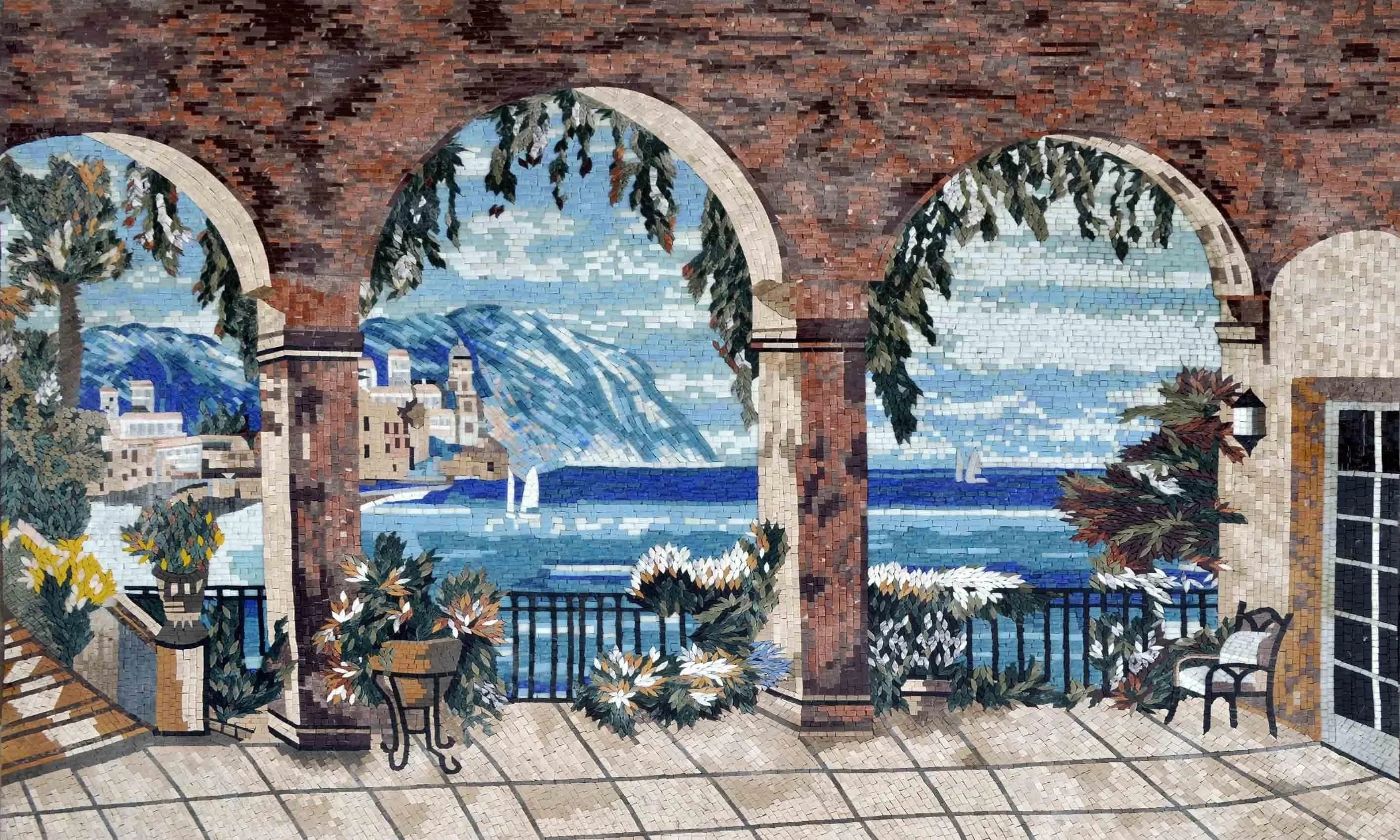 Arched Balcony View - Marble Home Improvement Mosaic Art - Mesh Backing
