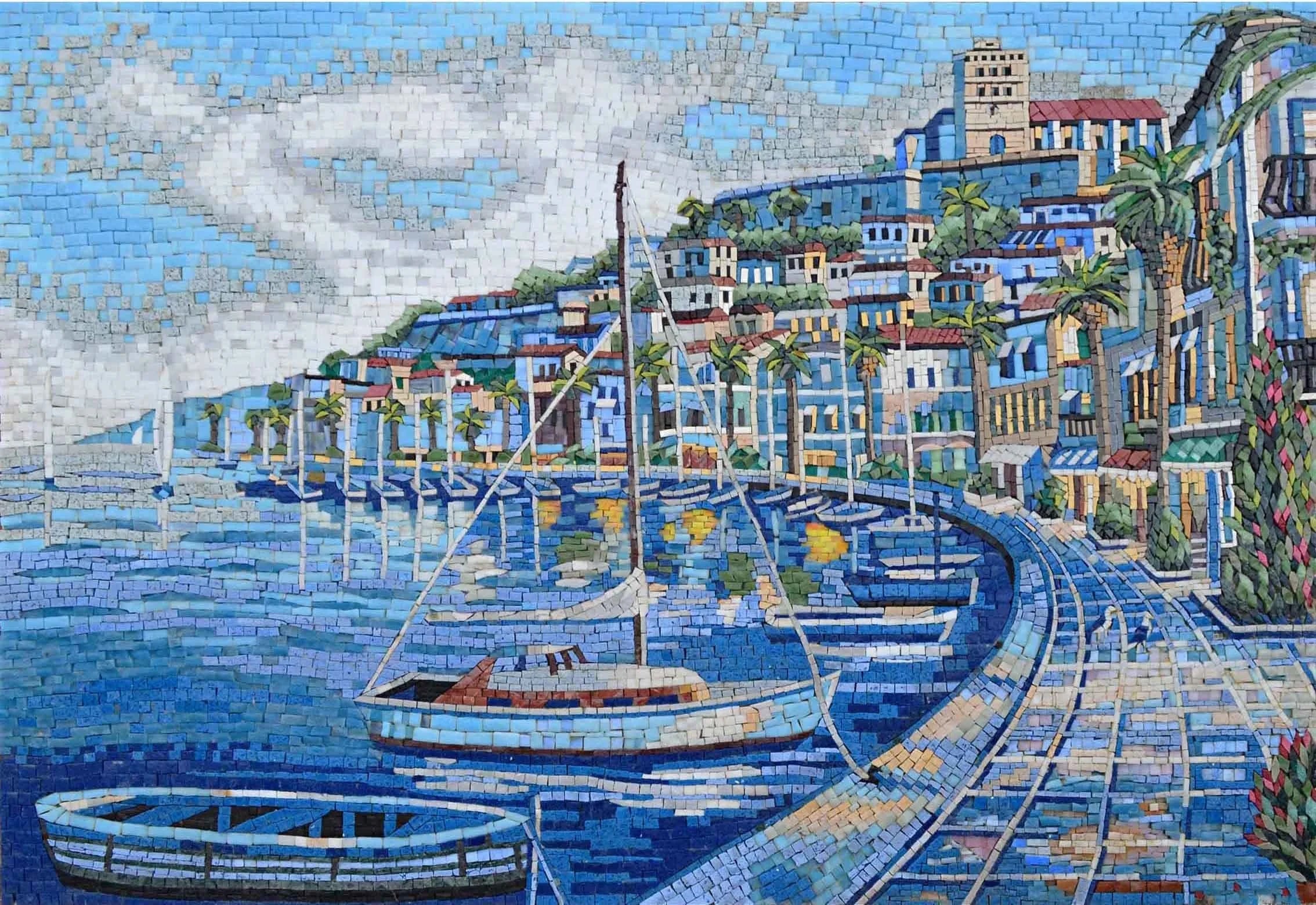Geometric Town Scene - Sea Turtle Mosaic Cruise Port Artwork - Mesh Backing