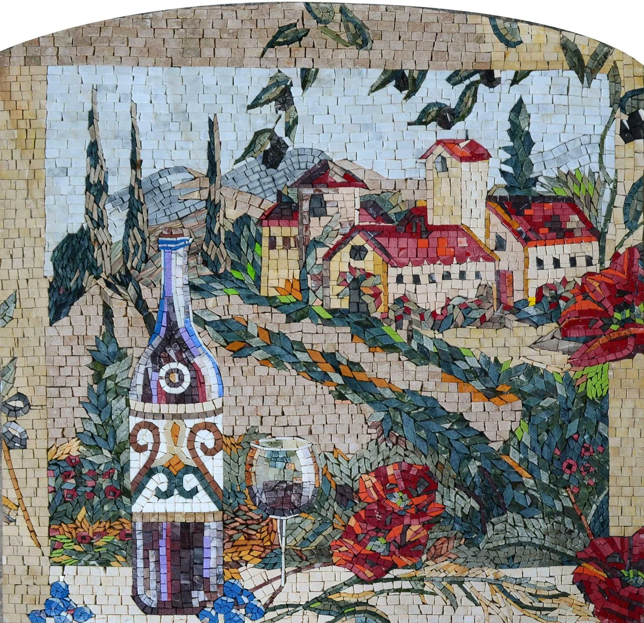 Geometric Village Scene - Marble Mosaic Toscana Designs Luxury Handcrafted Rustic Charm - Mesh Backing