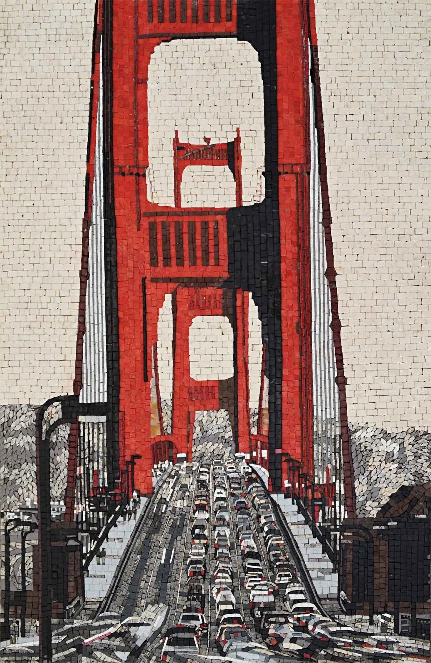 San Francisco Gate Bridge - Marble Bird Mosaic Art Mural - Mesh Backing