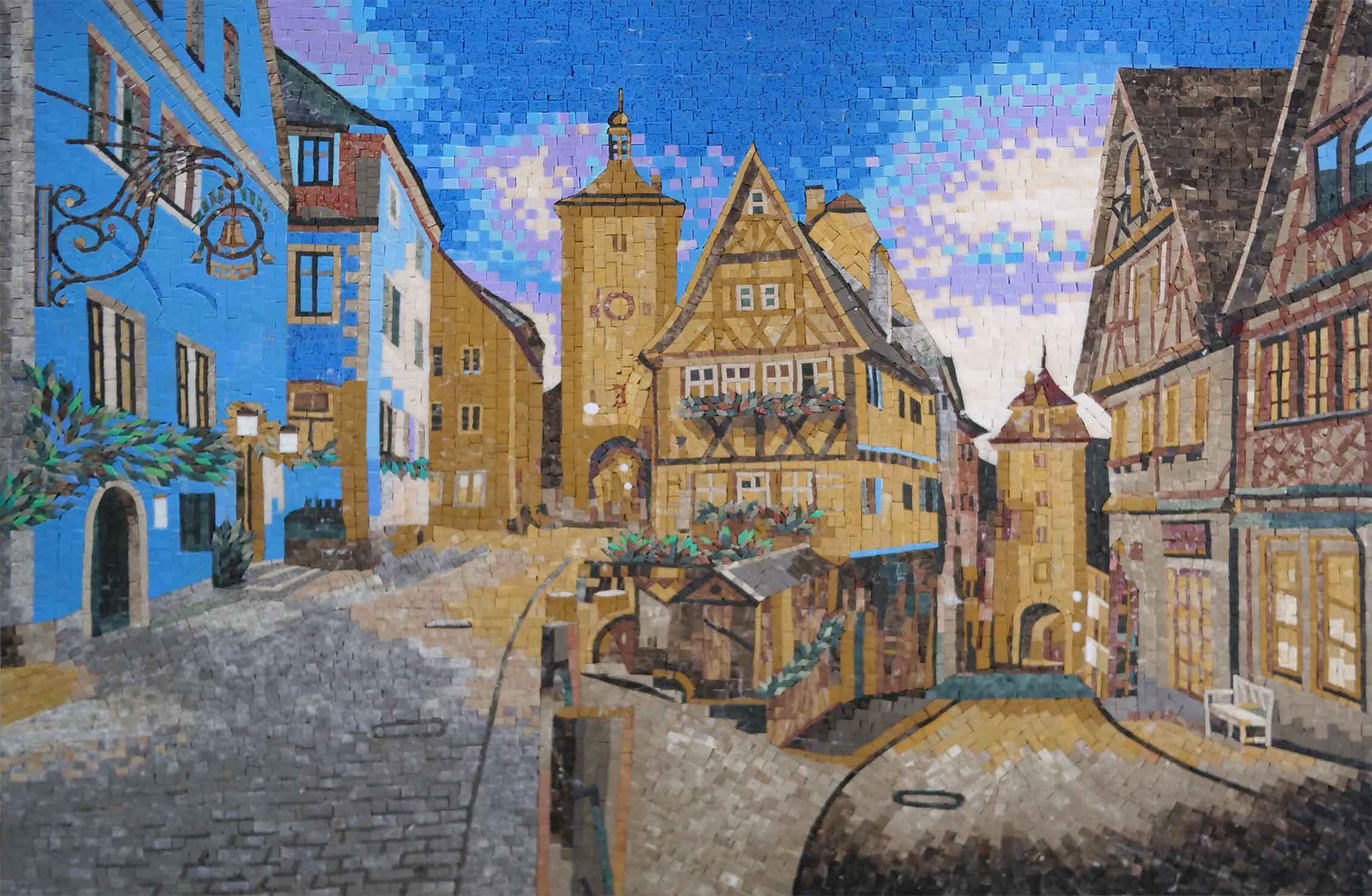Medieval Town Scene - Mosaic Art For Wall - Mesh Backing