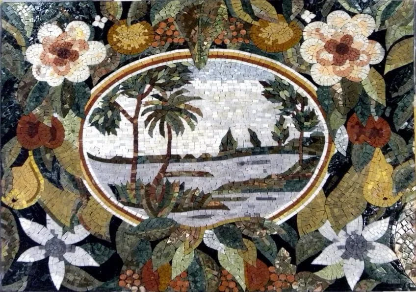 Natural Artistic Scene - Marble Mosaic Tuscan Mural - Mesh Backing