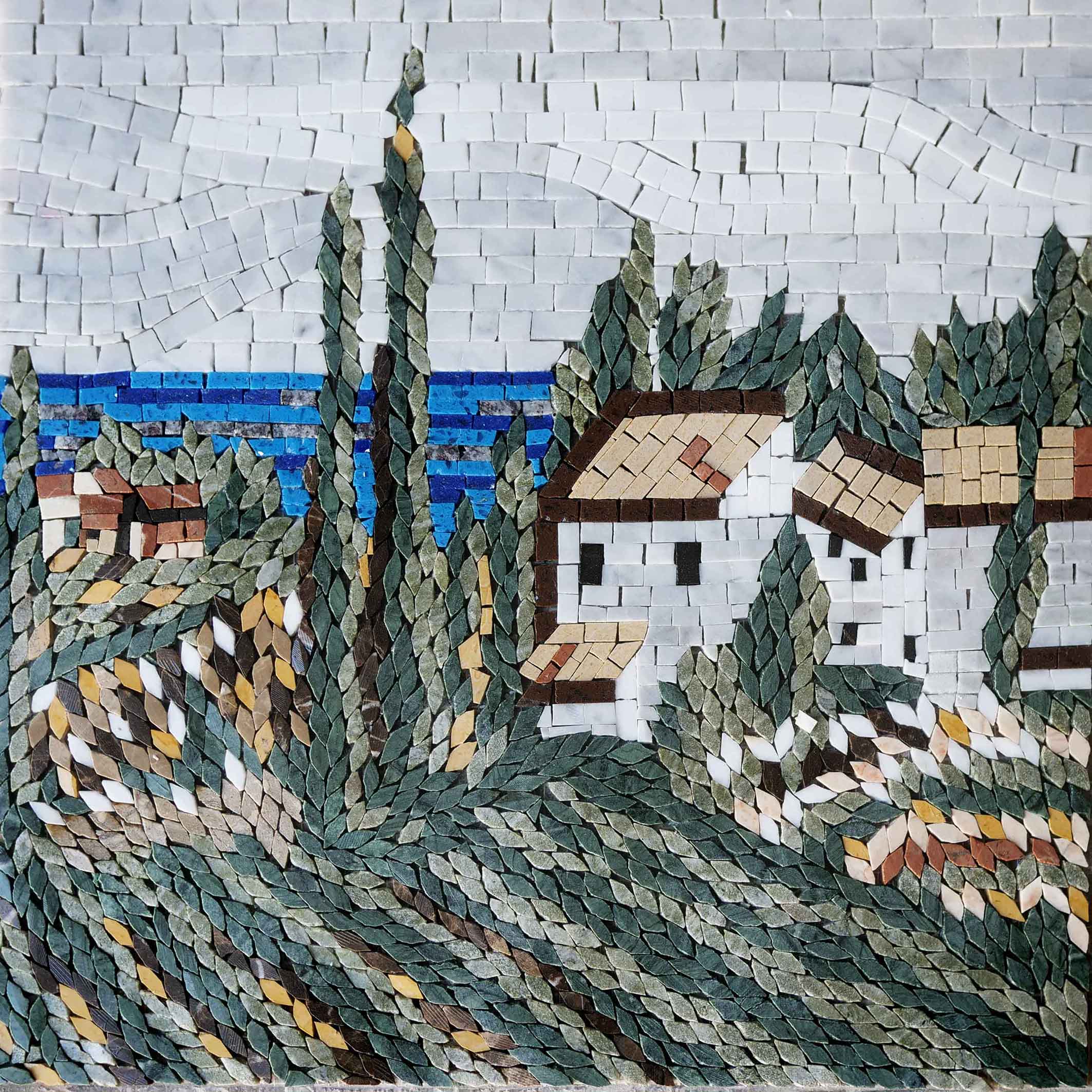 Village Houses Geometric Artwork - Marble Mosaic Wall - Mesh Backing
