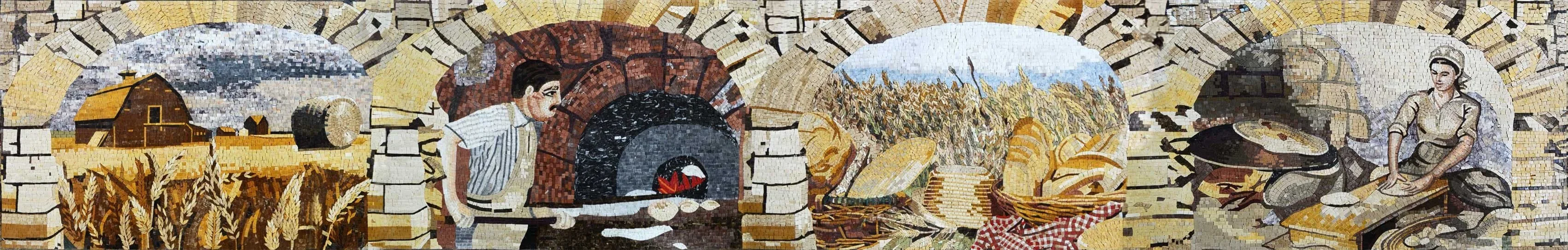 Wheat Harvest Scene - Marble Stone Mosaic Season - Mesh Backing