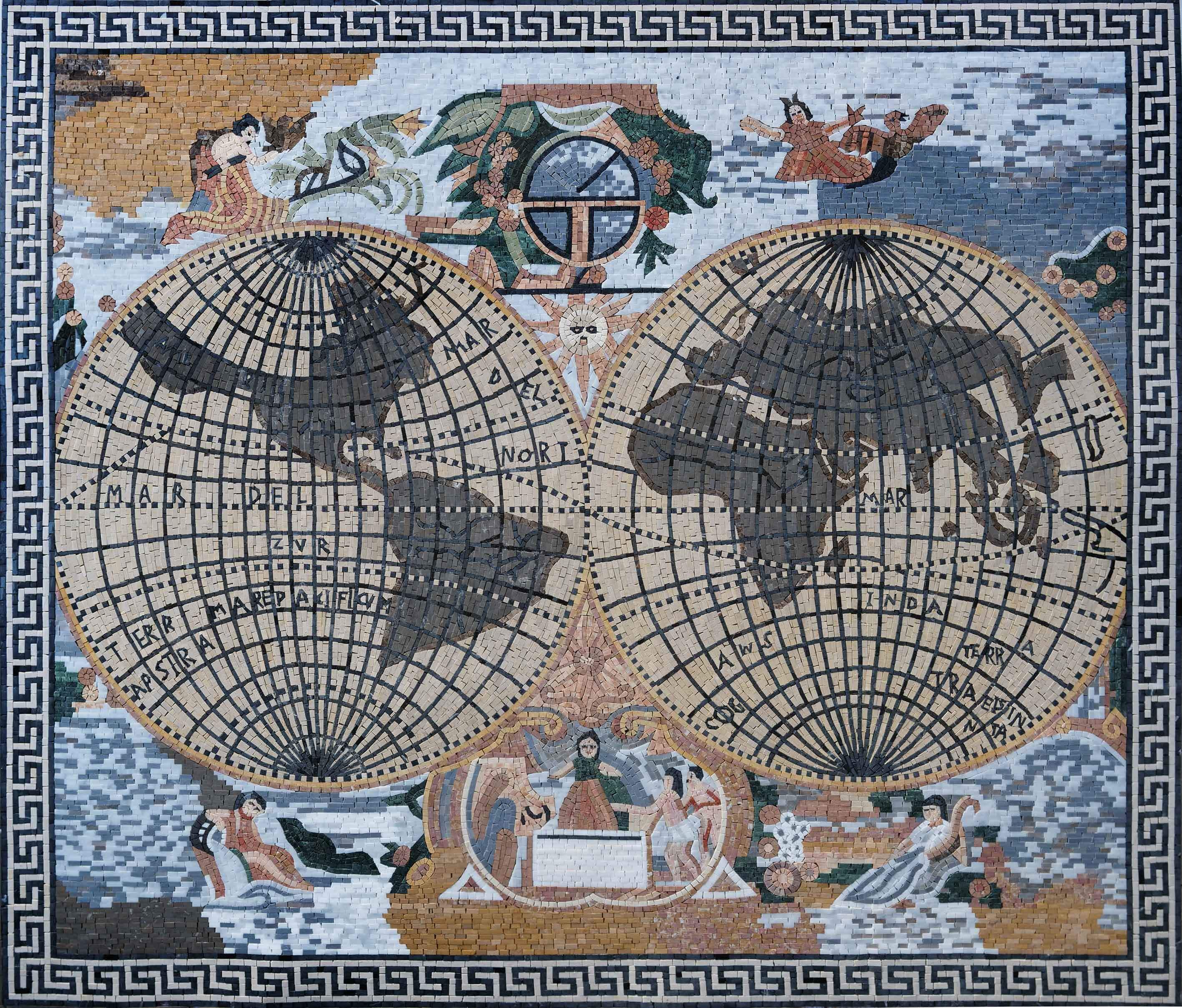 World Map - Marble Roman Mosaic Reproductions Custom - Mesh Backing