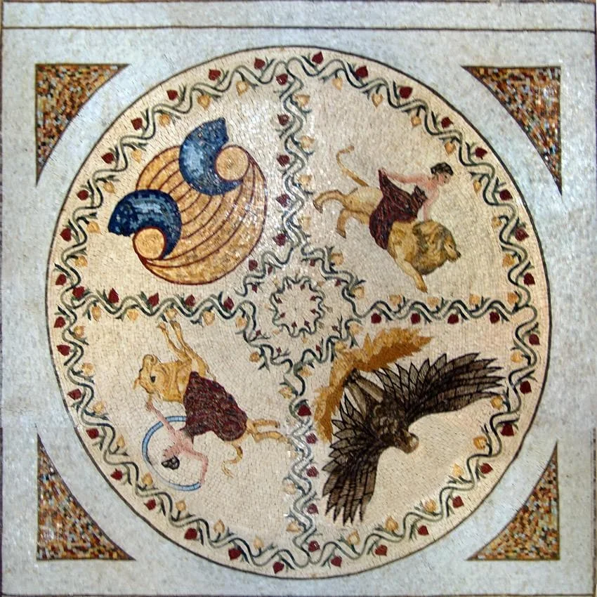 Mythical Figures Geometric Art Medallion - Mosaic Flooring Stone Wheel - Mesh Backing
